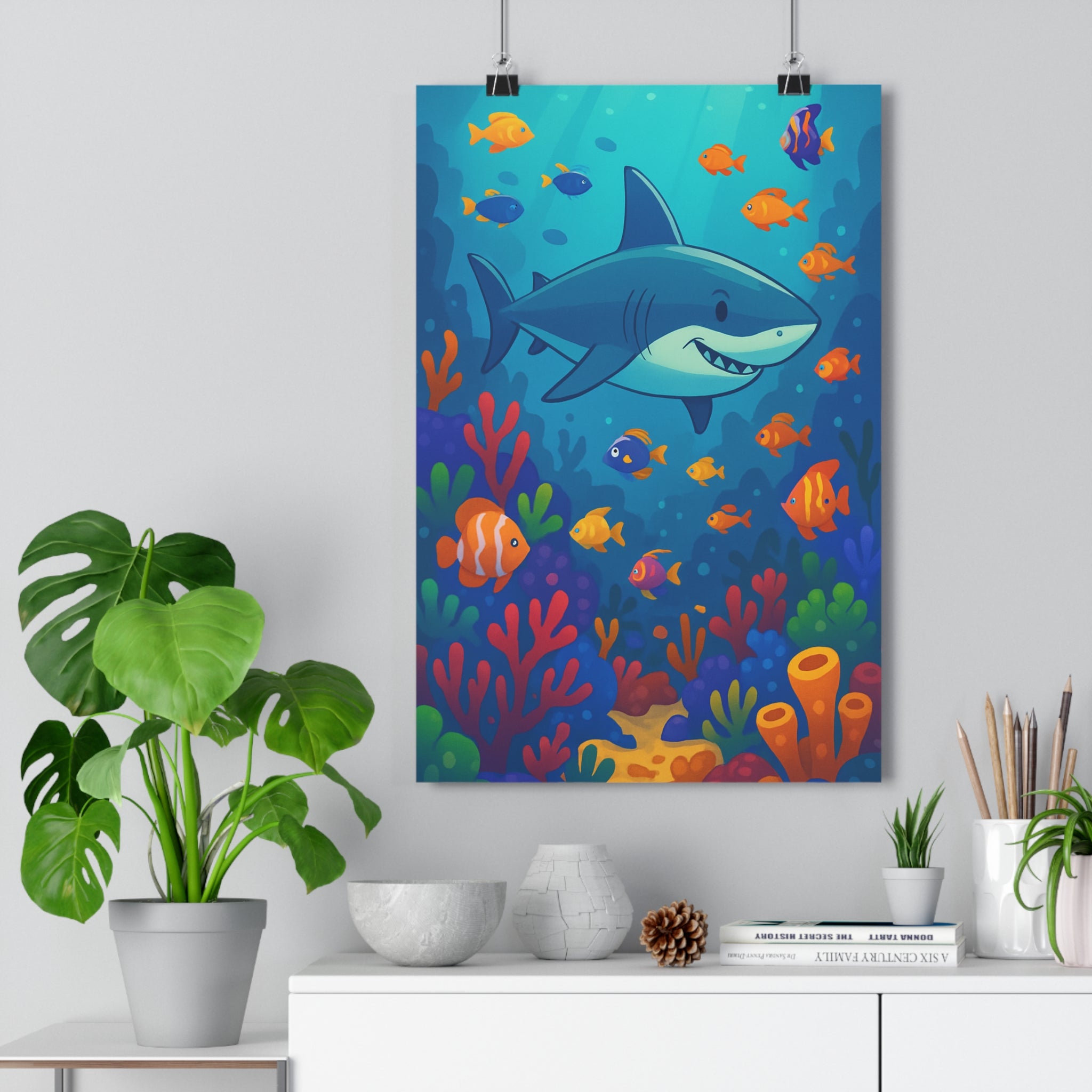 Poster décoratif coloré marin requin bleu poissons tropicaux coraux fantaisie joyeux salon enfant vibrant
