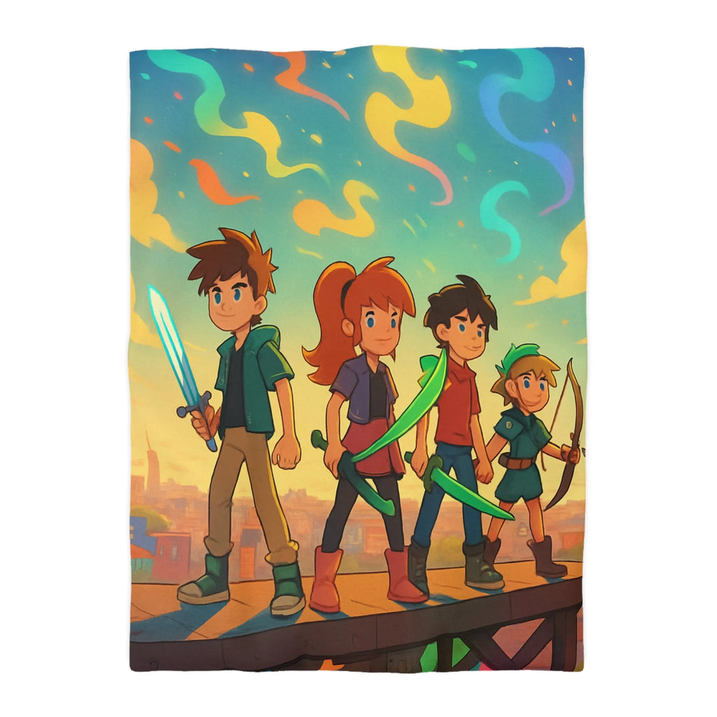 Housse de couette colorée avec quatre héros et ciel étoilé multicolore