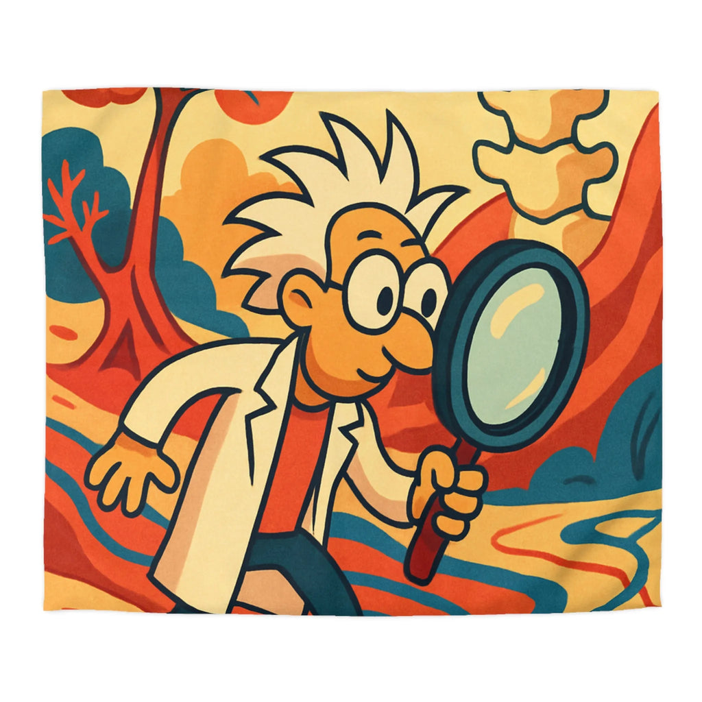 Housse de couette ludique avec personnage scientifique explorant un paysage naturel coloré