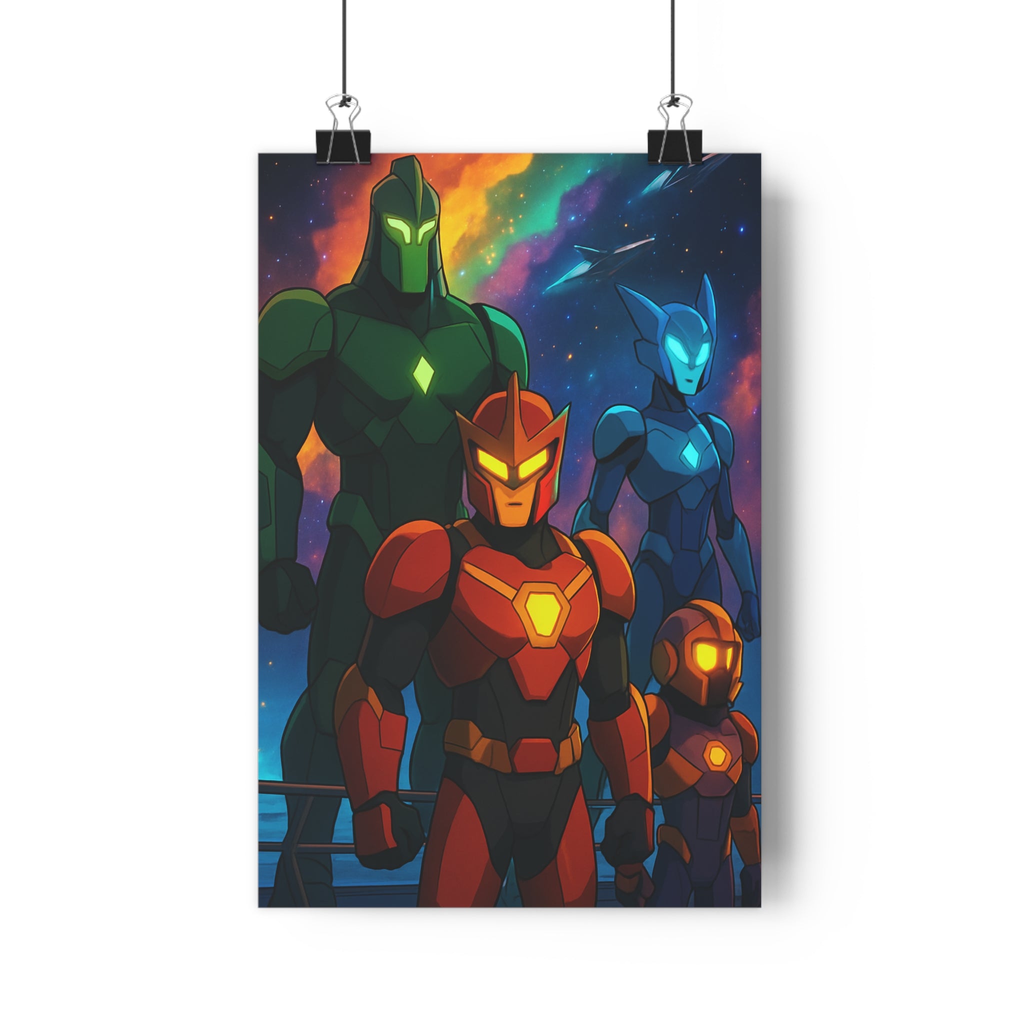 Poster décoratif futuriste animé robotique vert rouge bleu violet chambre enfant espace dynamique vibrant
