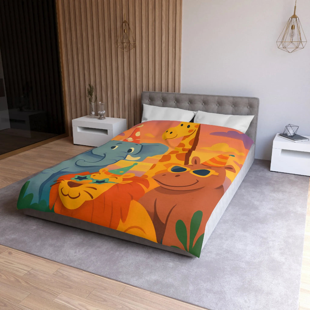 Housse de couette enfantine avec animaux de safari festifs et chapeaux colorés en fête