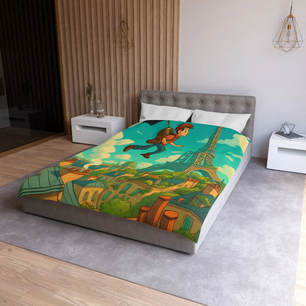 Enchanted Parisian Flight: Kid Floating Above Cityscape with Umbrella and Backpack