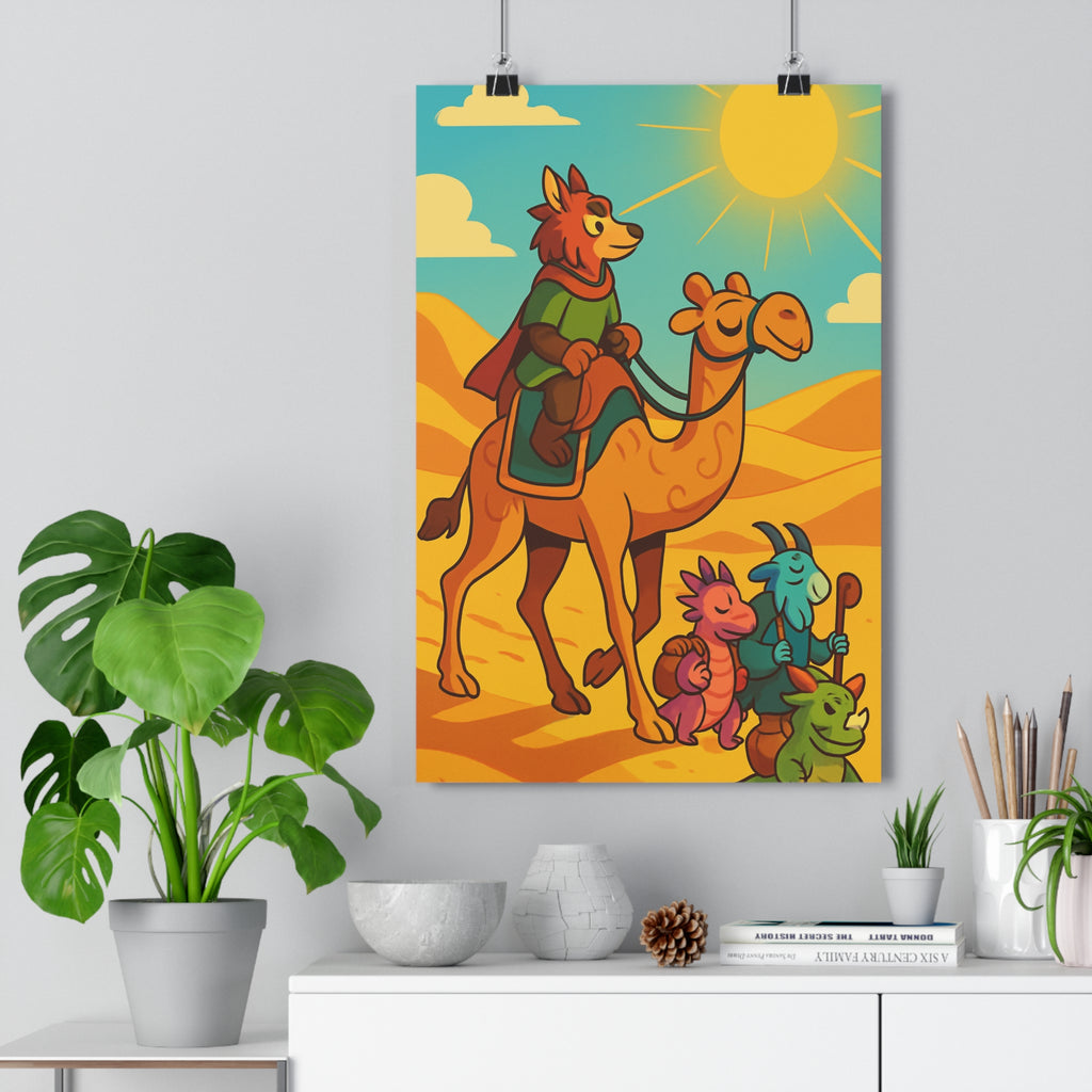 Poster décoratif enfant aventure désert coloré bleu joyeux cartoon chambre créature animalier lumineux artistique