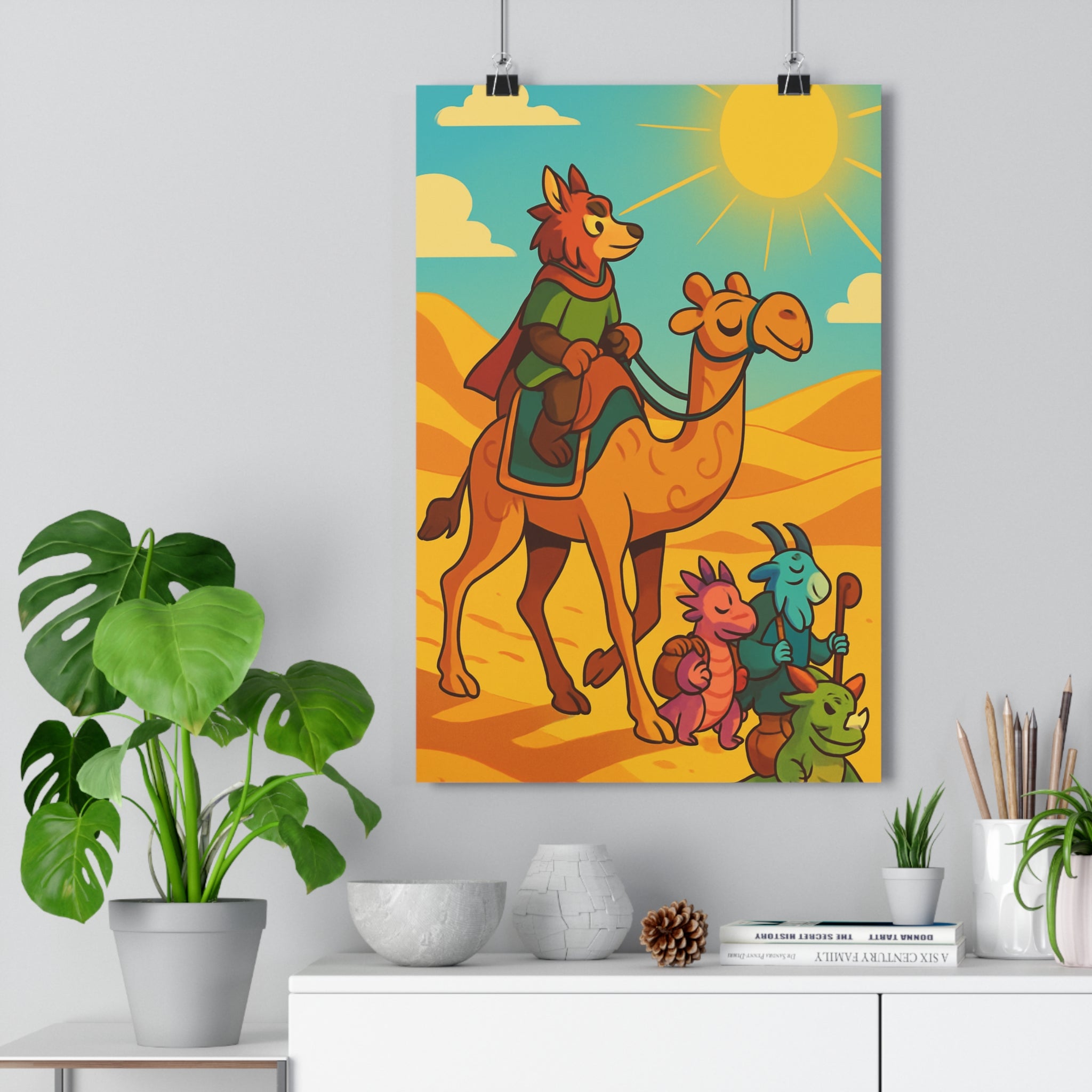 Poster décoratif enfant aventure désert coloré bleu joyeux cartoon chambre créature animalier lumineux artistique