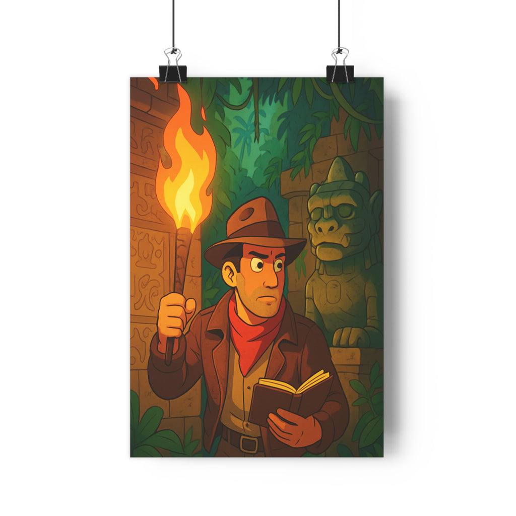Poster décoratif aventure jungle vibrant couleur chaude vert explorateur statue dessin animé bureau qualité