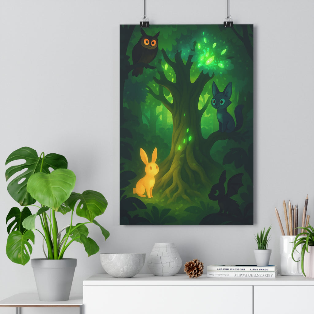 Poster décoratif féérique vert doré forêt magique mystique chambre salon enfant nature lumineux expressif