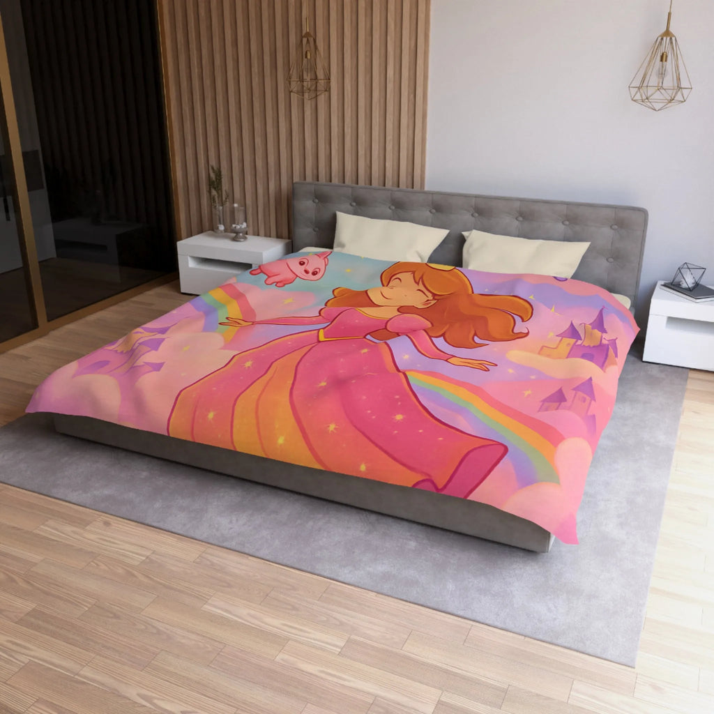 Housse de couette féerique avec princesse et animaux volants, arc-en-ciel pastel doux