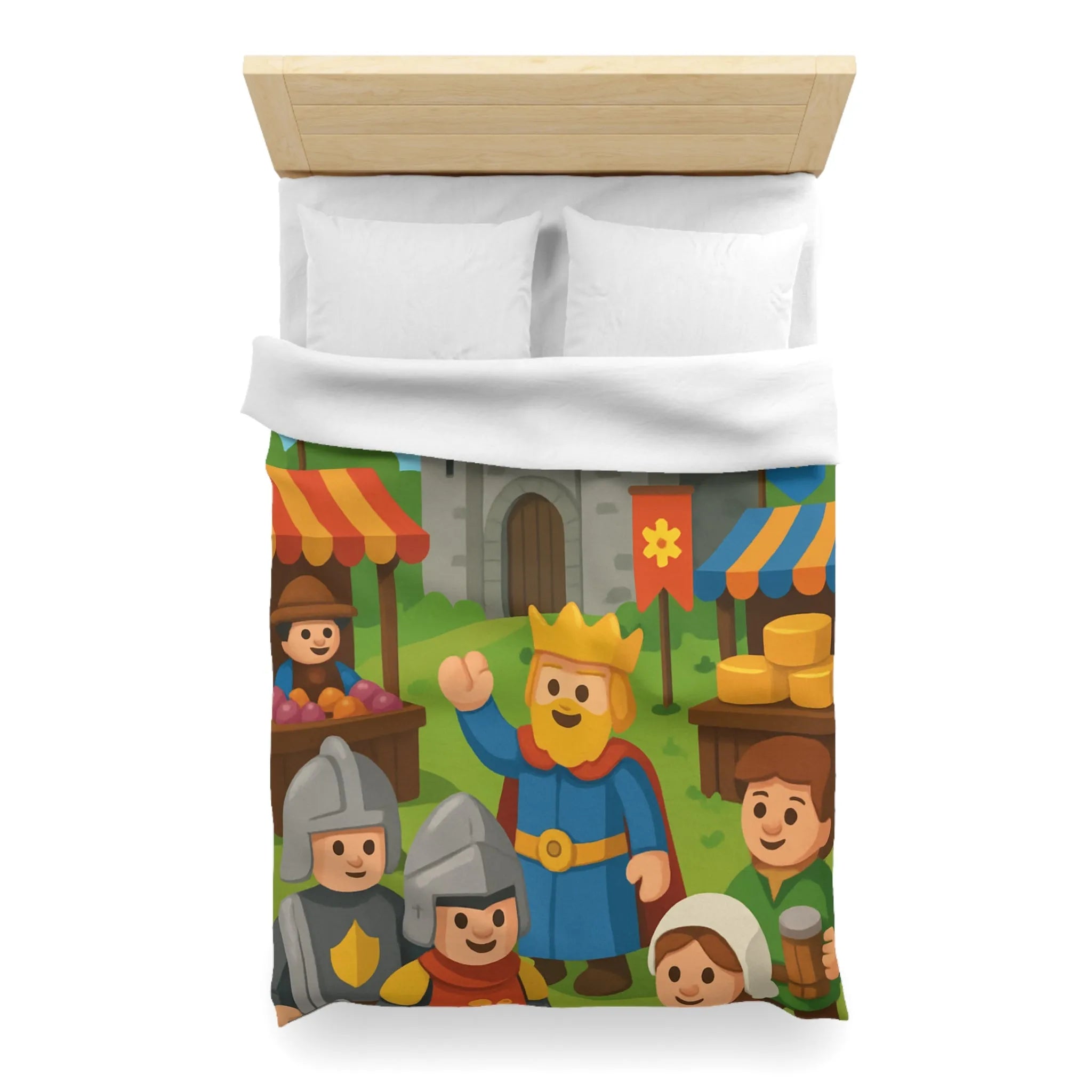 Housse de Couette Ludique Moyen Âge Château Roi et Marché Animé Coloré