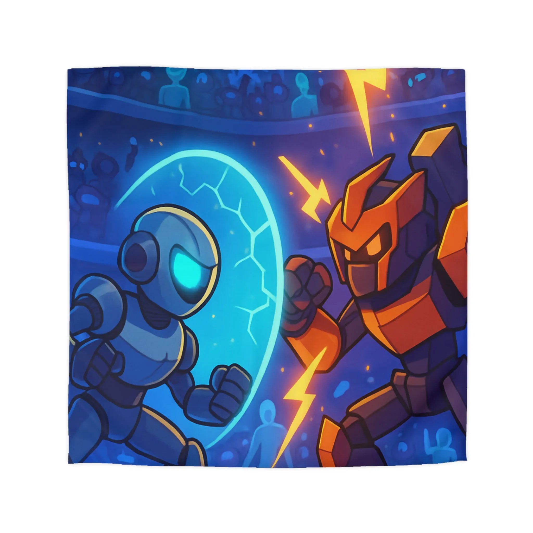 Housse de couette avec robots futuristes en duel, éclairs et énergie dans l'arène