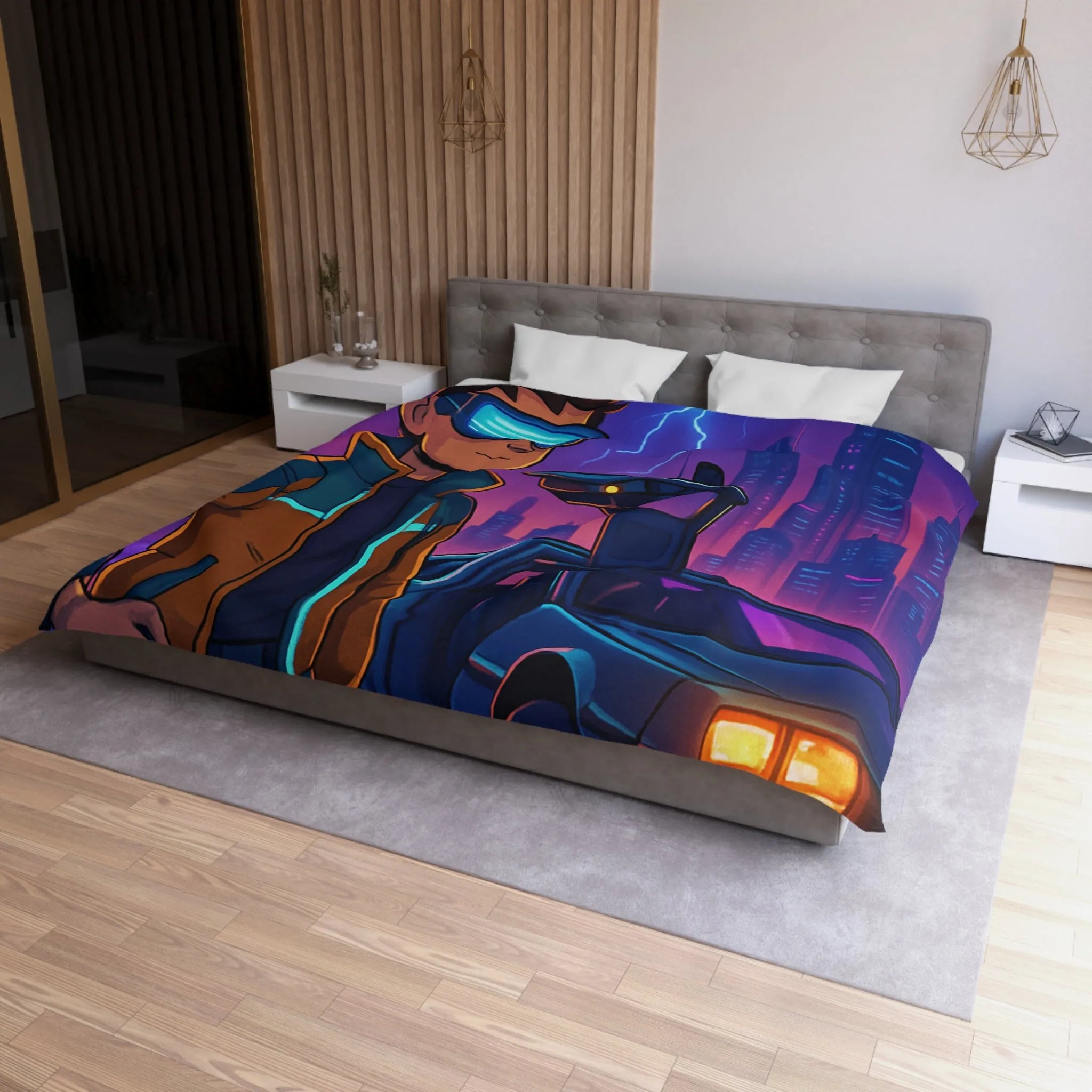 Housse de Couette Futuriste Style Rétro avec Éclair, Voiture et Jeune Garçon Aventureux