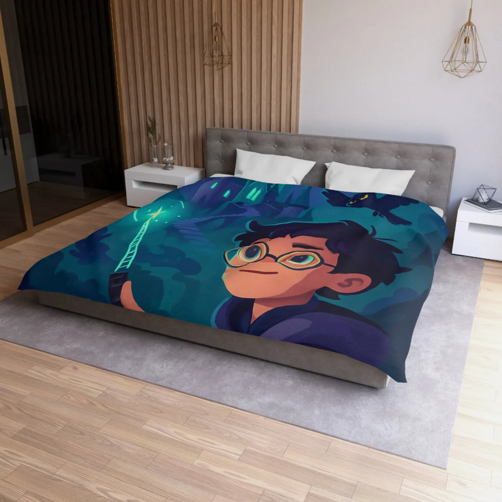 Housse de Couette Magique avec Enfant, Baguette Lumineuse et Chouette en Nuit Mystique
