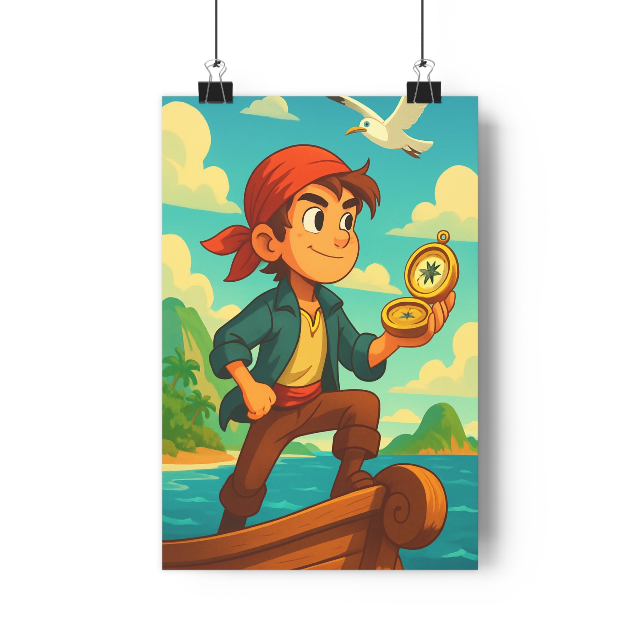 Poster décoratif animé rouge bleu vibrant joyeux chambre enfant aventure exploration île horizon bateau