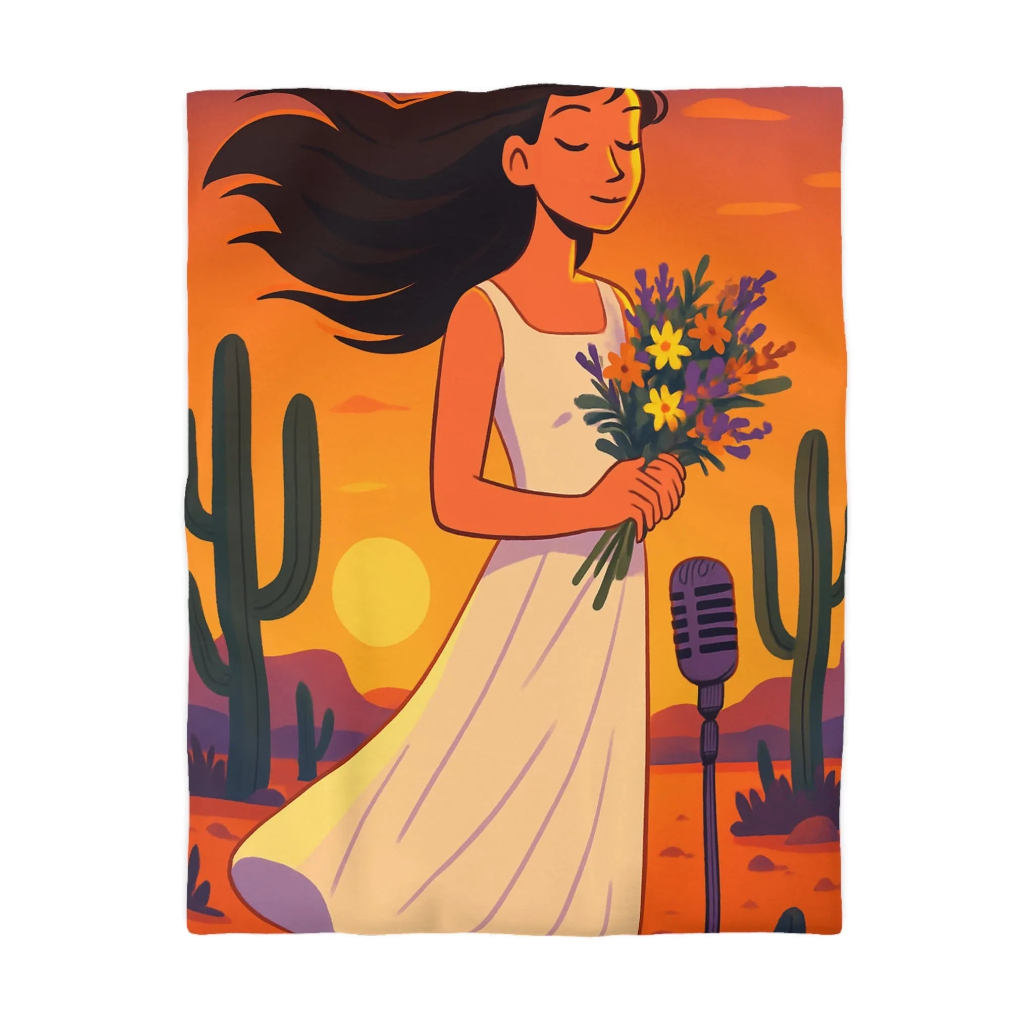 Housse de couette avec motif désert, femme en robe blanche et fleurs sauvages