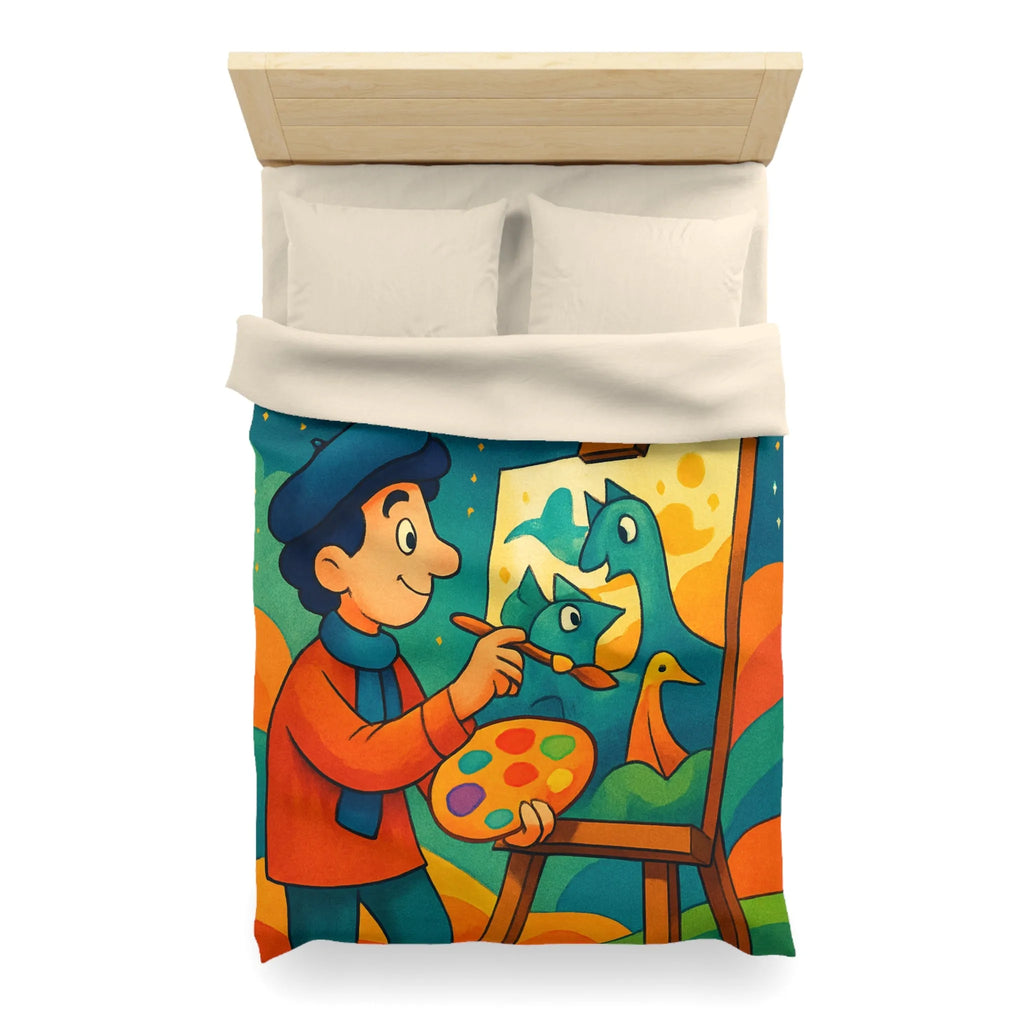 Housse de couette artistique colorée avec peintre et créatures fantaisistes en arrière-plan étoilé