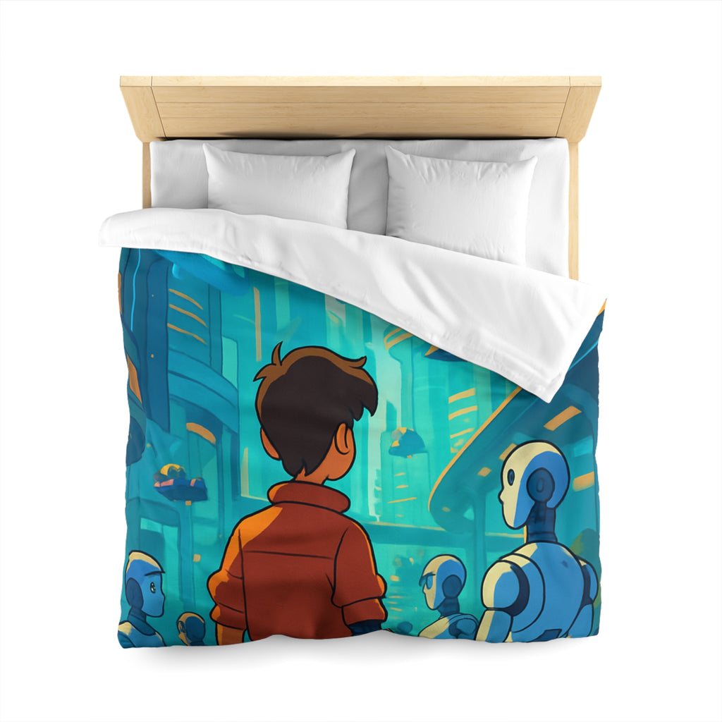 Housse de couette urbaine futuriste avec robots et affiches lumineuses pour chambre moderne