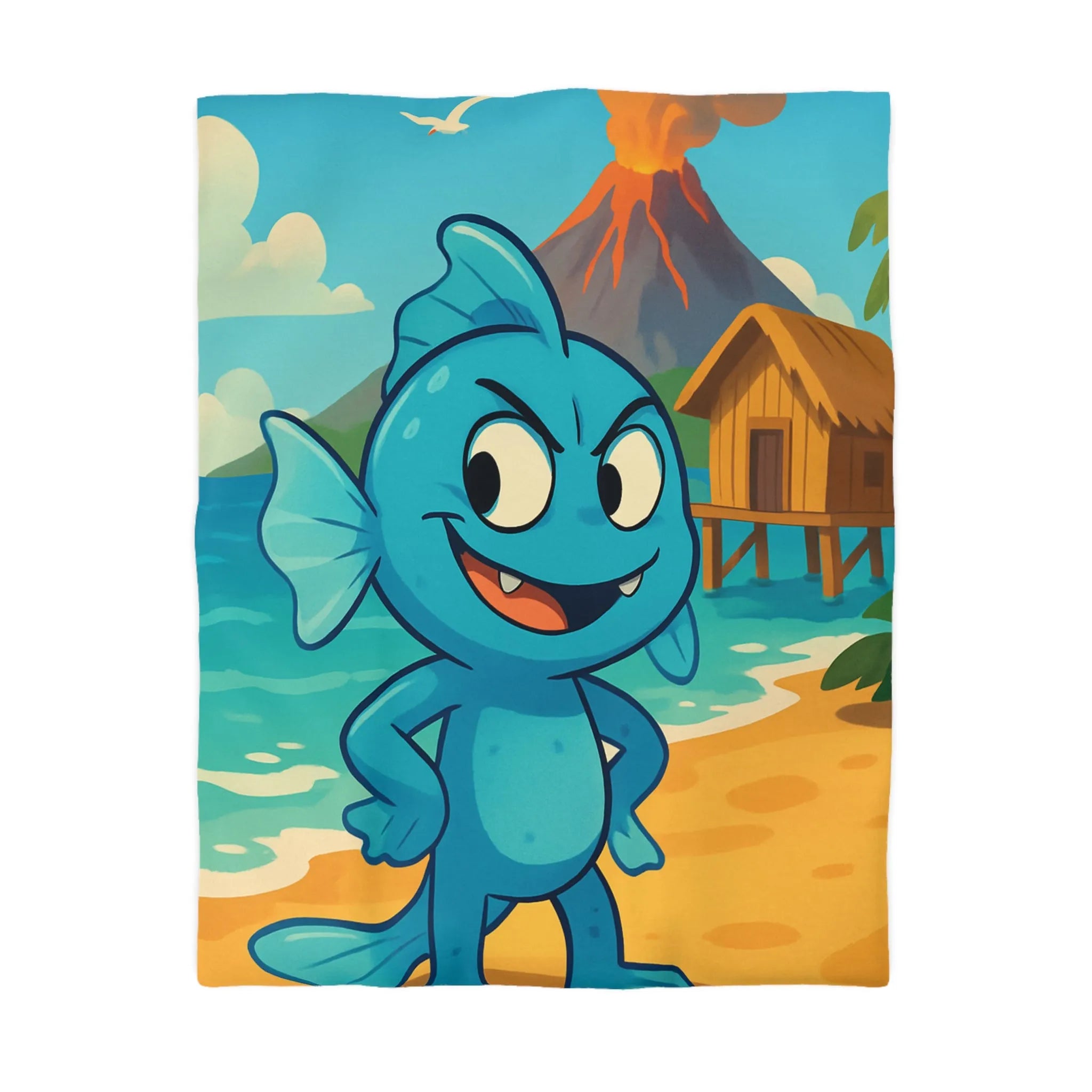 Housse de couette île tropicale avec poisson bleu et volcan en arrière-plan