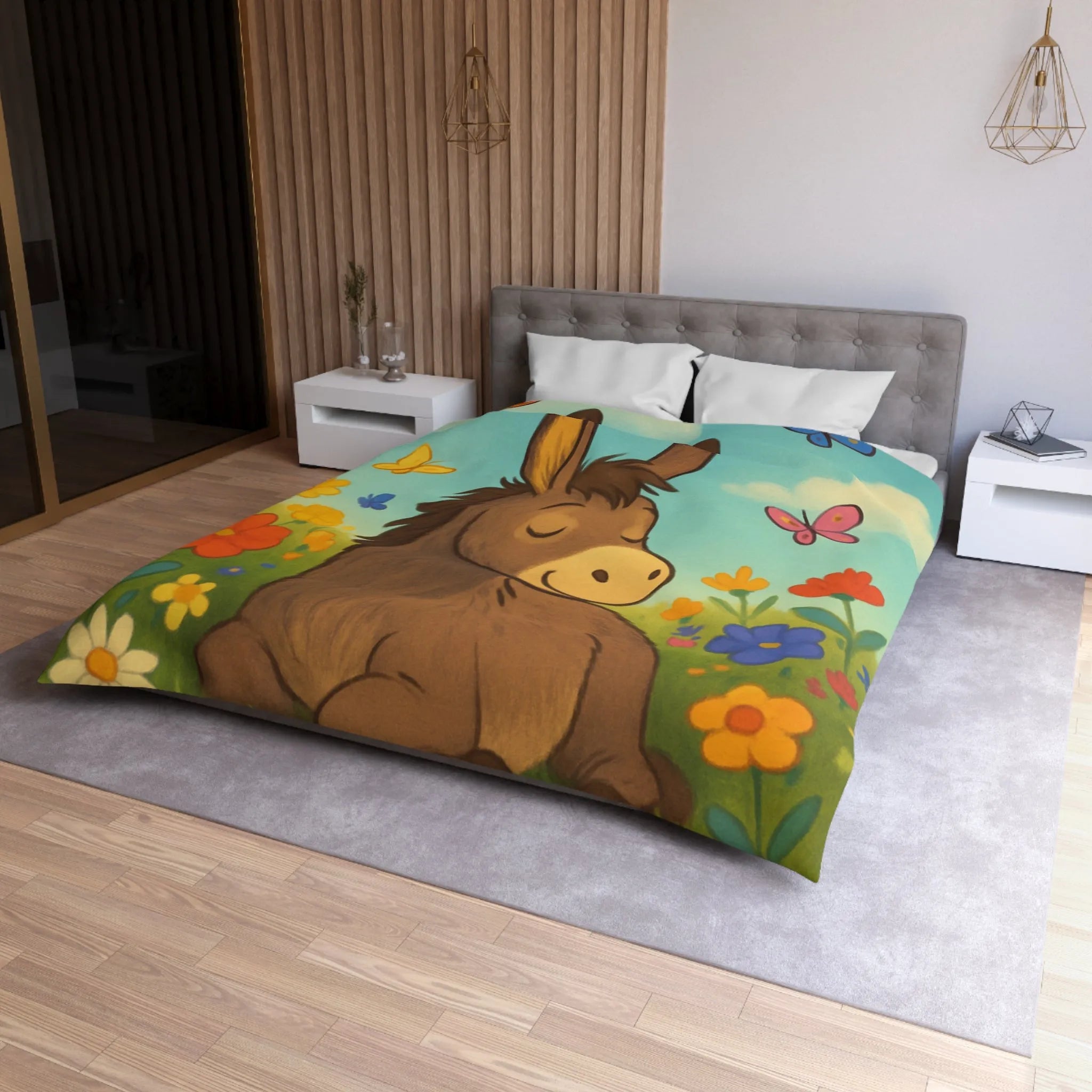 Housse de couette enfant Âne endormi, fleurs colorées et papillons dans un pré