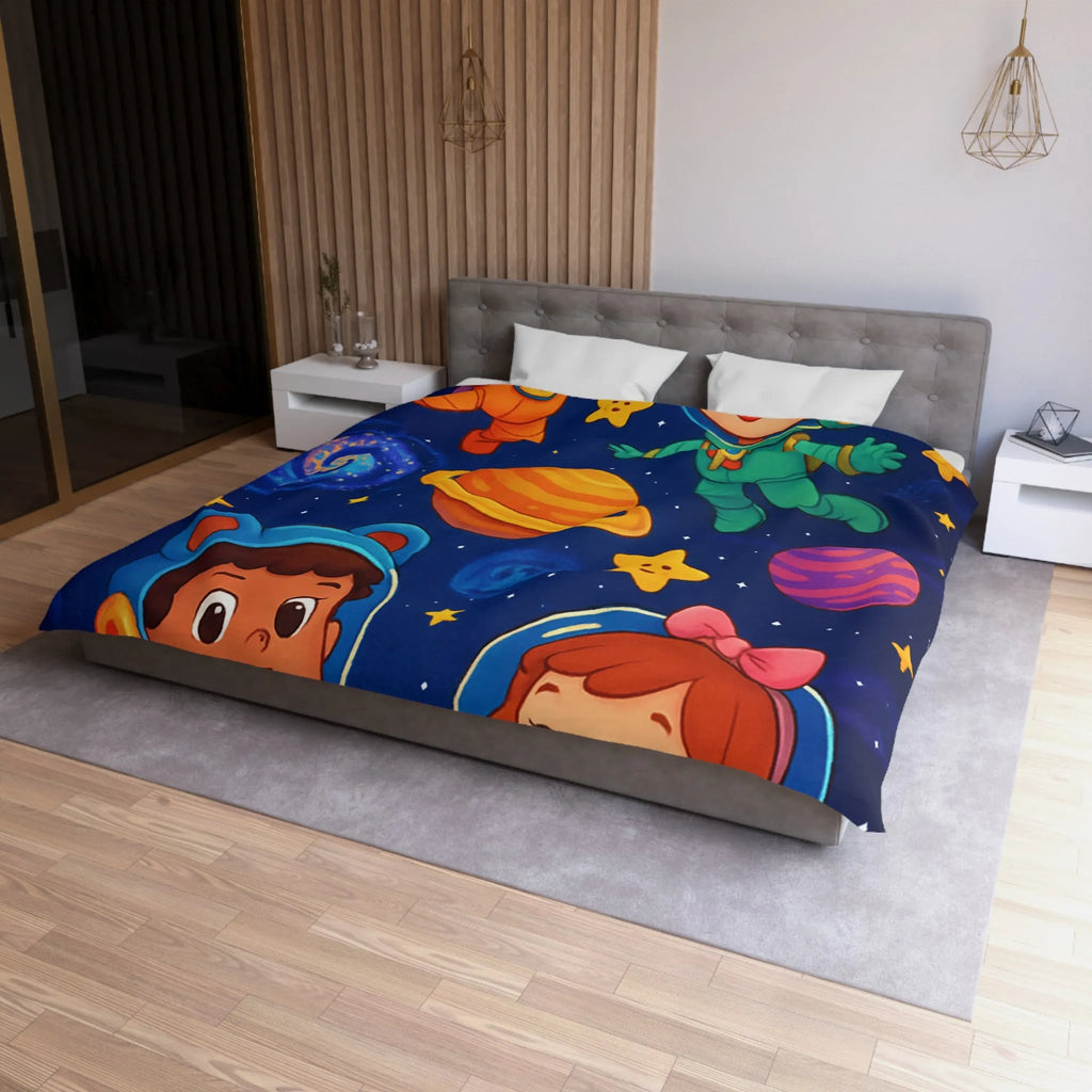 Housse de Couette Enfant : Aventure Cosmique avec Astronautes et Étoiles Colorées Stylisées