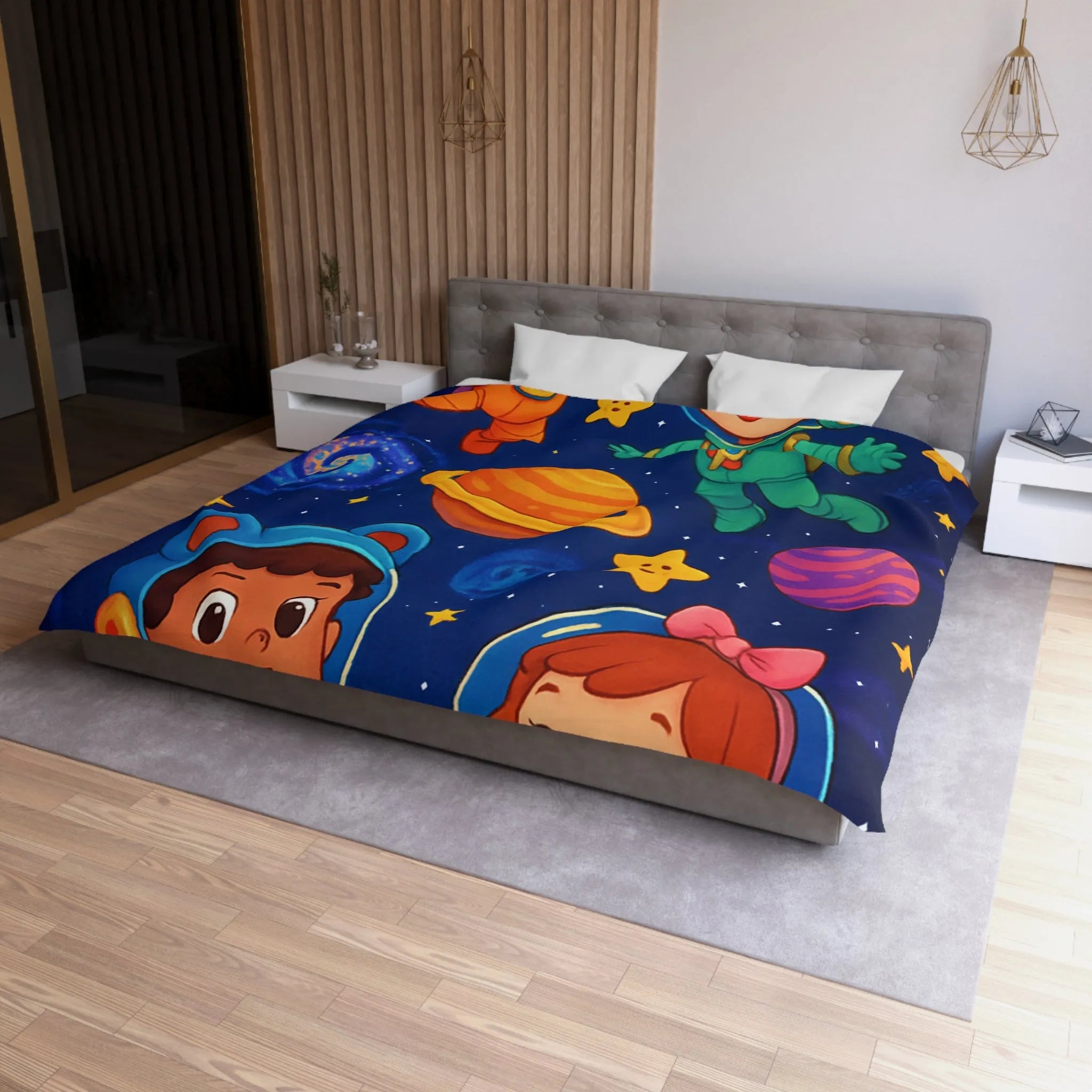 Housse de Couette Enfant : Aventure Cosmique avec Astronautes et Étoiles Colorées Stylisées