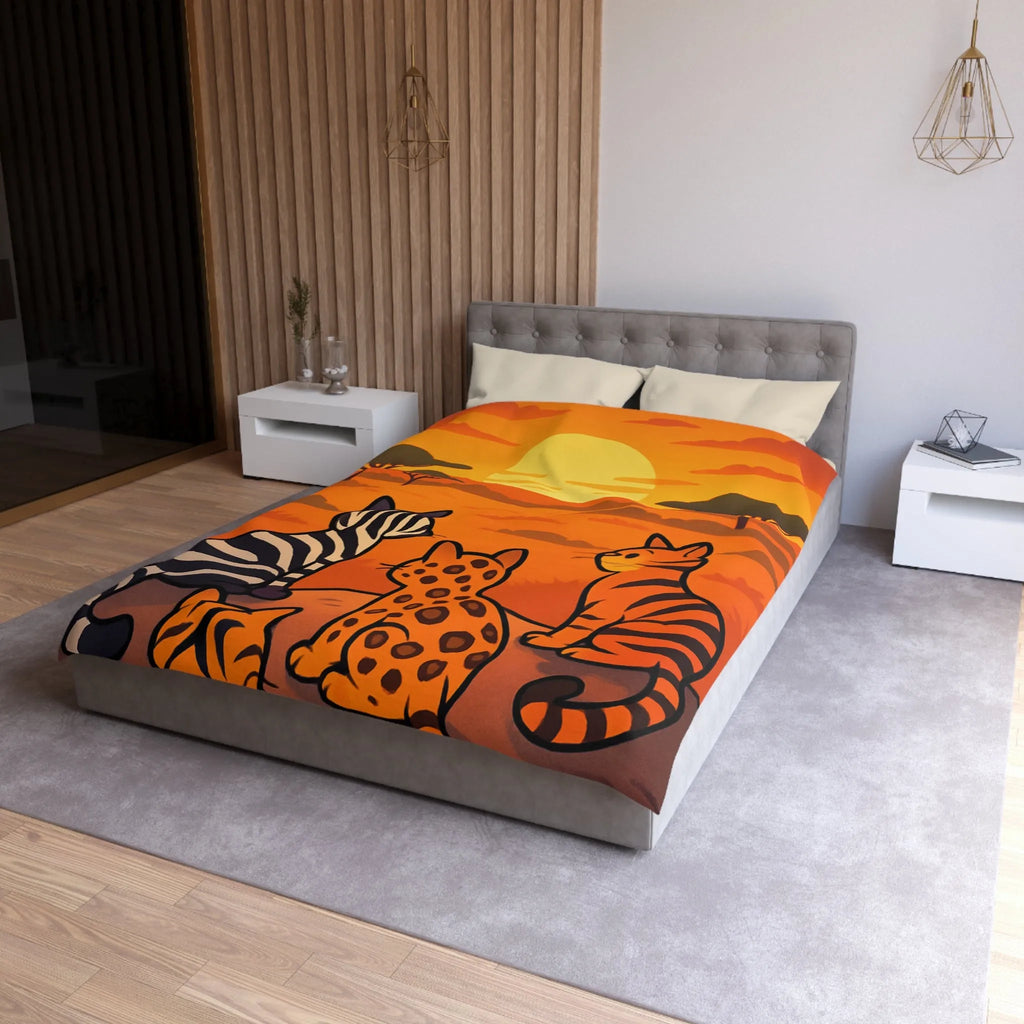 Housse de Couette avec Chats Sauvages Observant le Coucher de Soleil en Savane Africaine