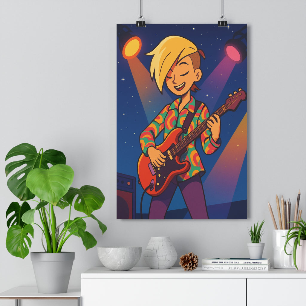 Poster décoratif musicienne blonde guitare électrique scène coloré cartoon vibrant salon chambre moderne qualité