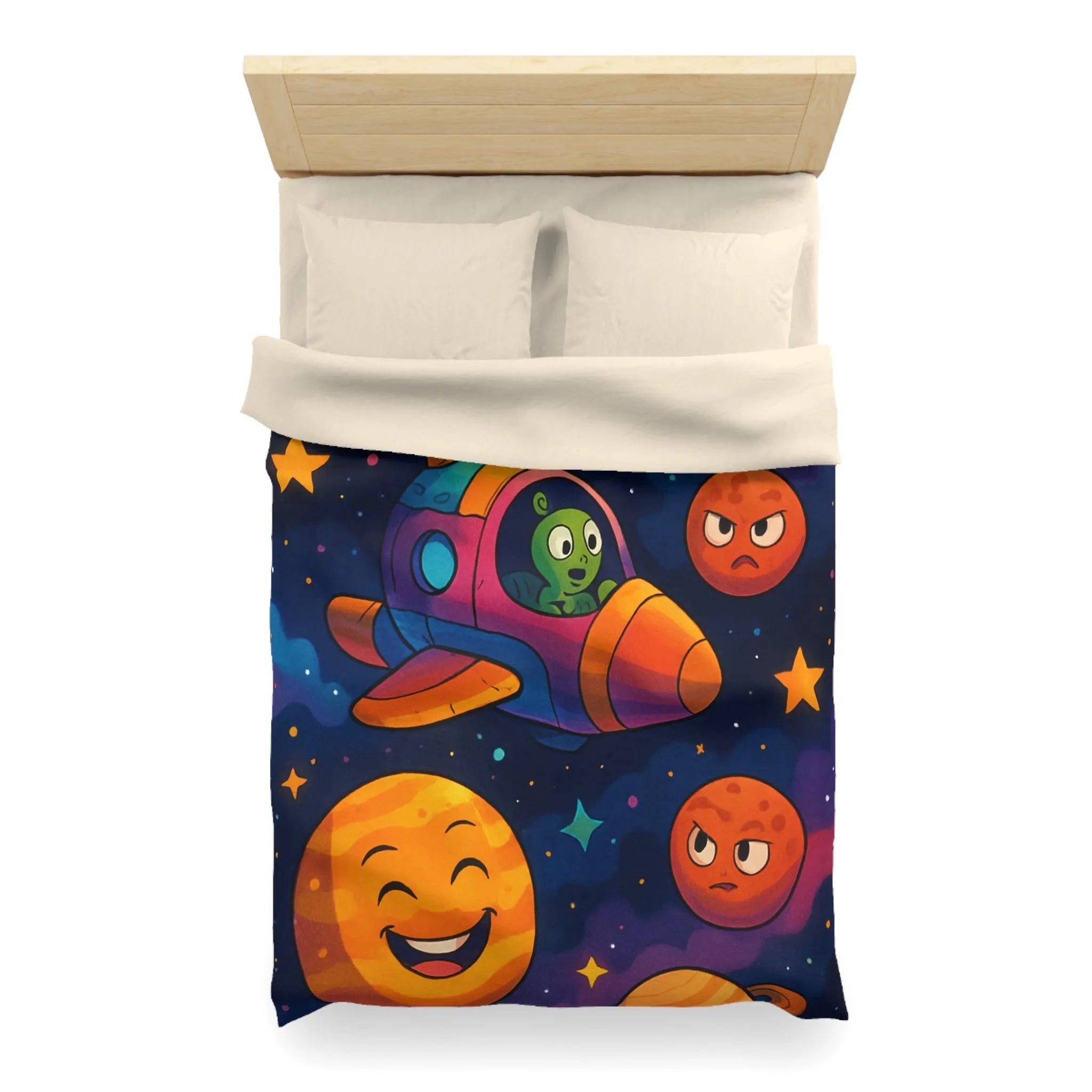 Housse de couette enfant cosmos coloré avec planètes amusantes et fusée extraterrestre