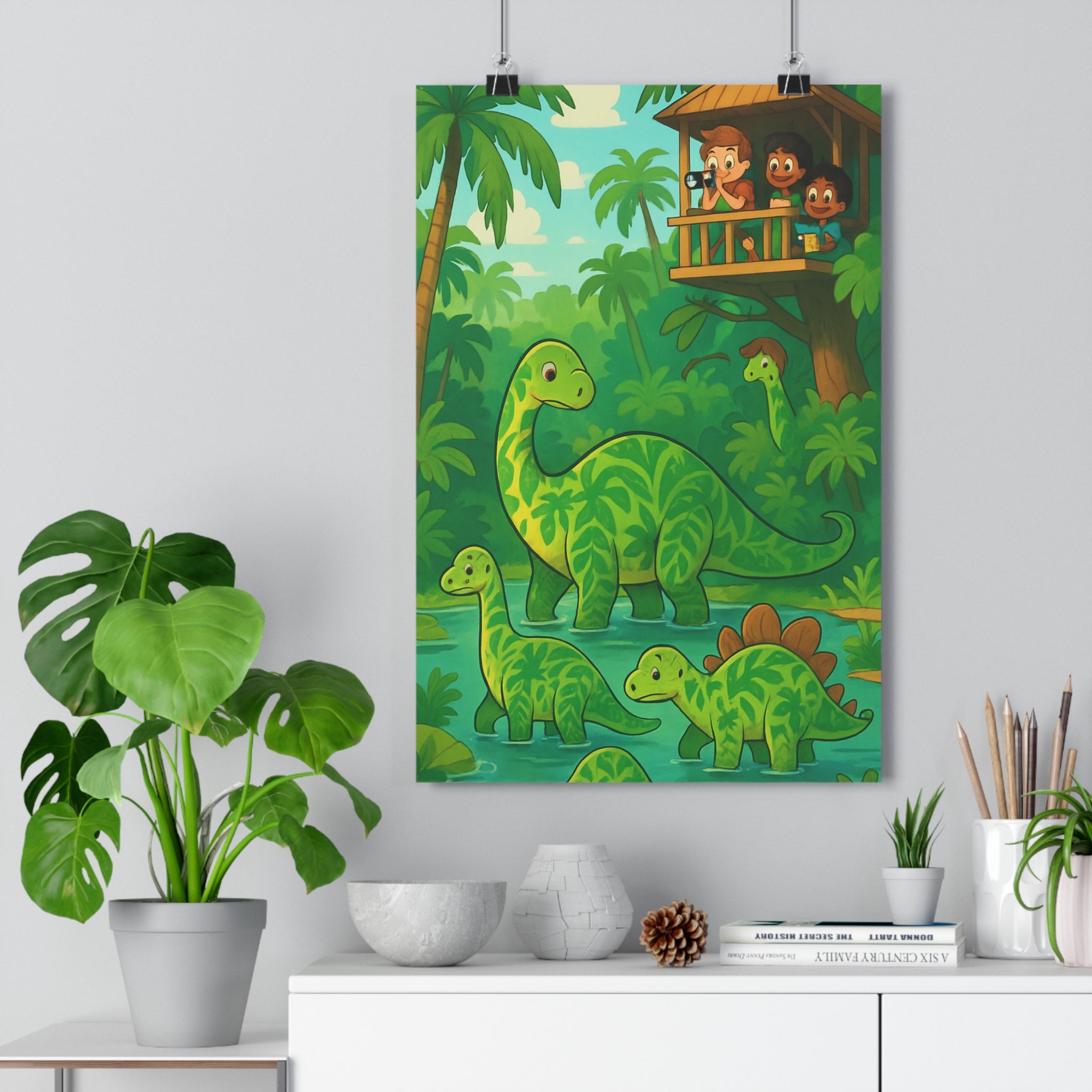 Poster décoratif cartoon vert jaune aventure enfants chambre joyeux nature artistique mural illustration paysage