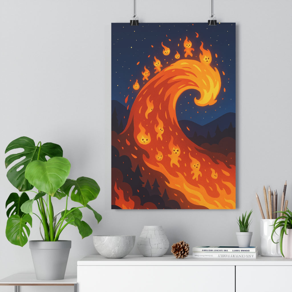 Poster décoratif cartoon vague feu orange jaune dynamique joyeux salon chambre bureau 30x46 cm