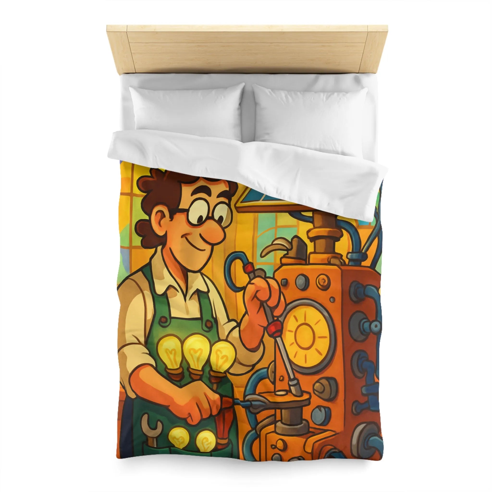 Housse de Couette Illustre Inventeur avec Machine Énergétique et Vitrail Coloré Artistique