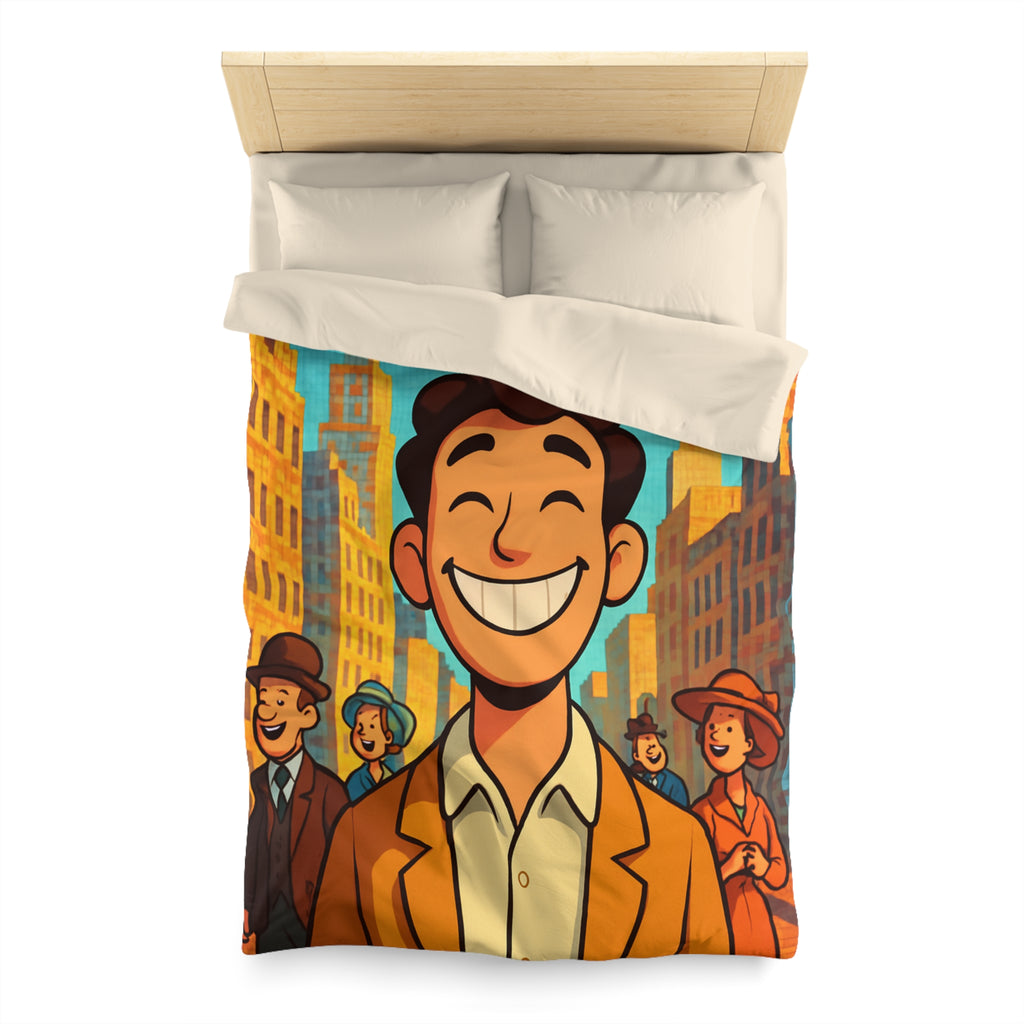 Housse de couette vintage avec personnages souriants et architecture urbaine en arrière-plan