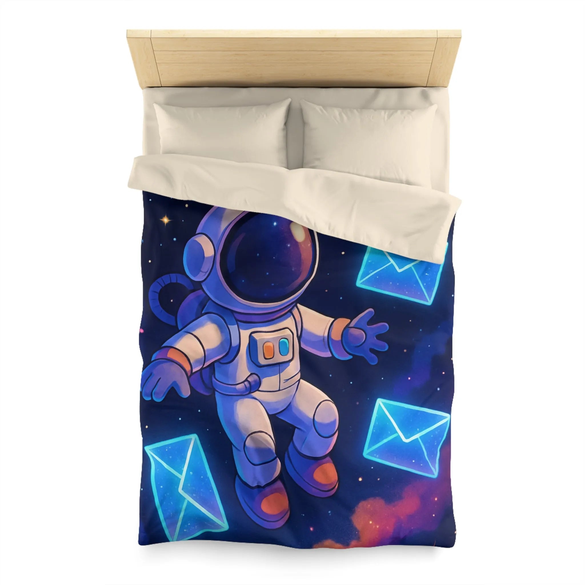 Housse de Couette Astronaute Flottant dans l'Espace avec Enveloppes et Planète Colorée