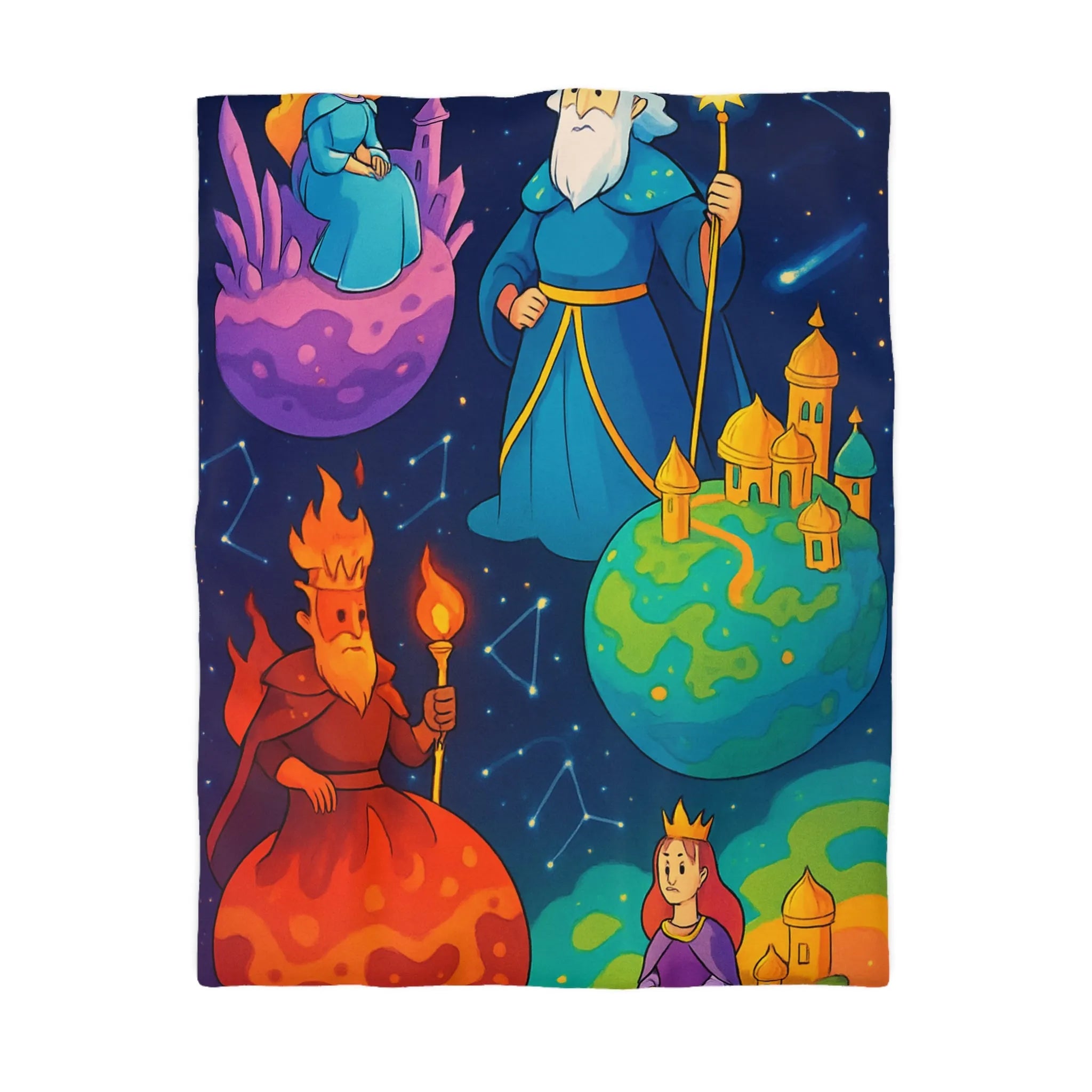 Housse de Couette Imaginaire avec Rois et Reines sur Planètes Mystiques Étoilées