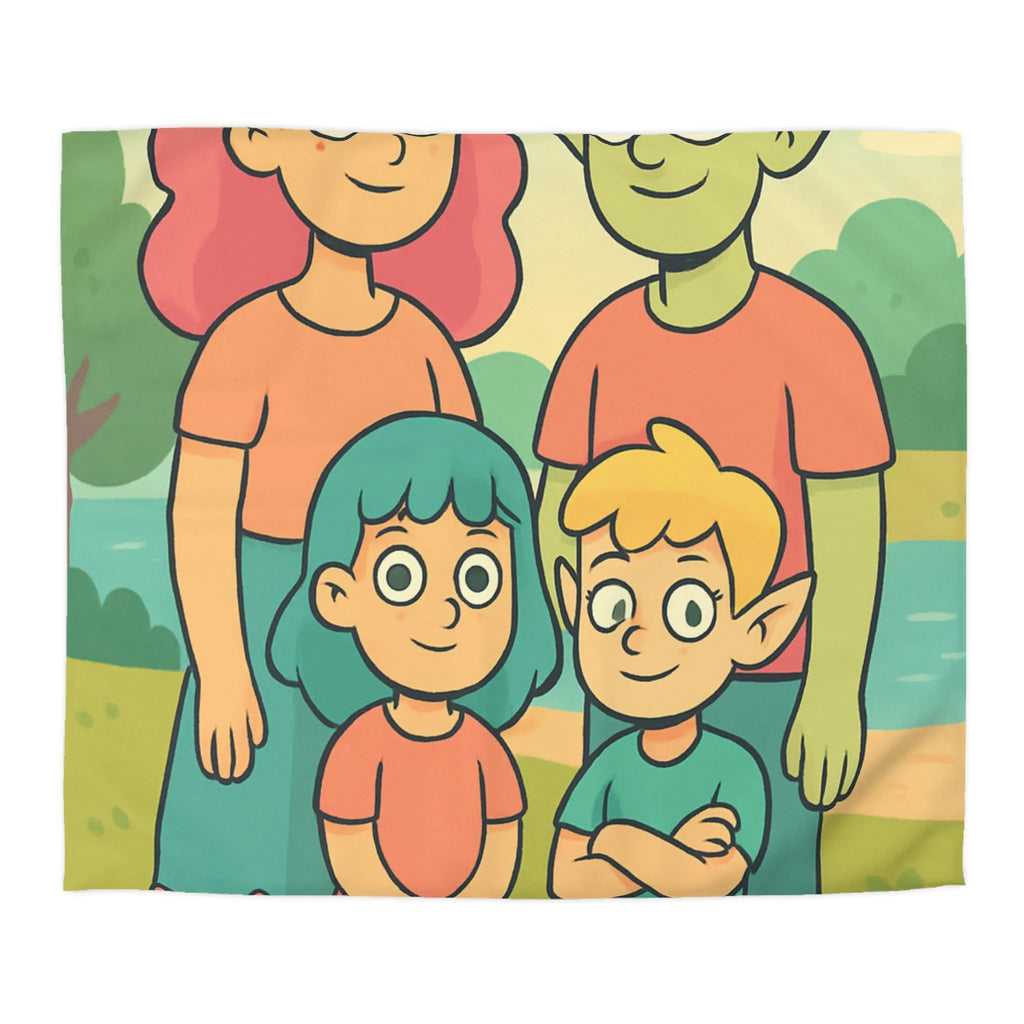 Housse de couette chaleureuse illustrant une famille enchantée et ses animaux compagnons ludiques