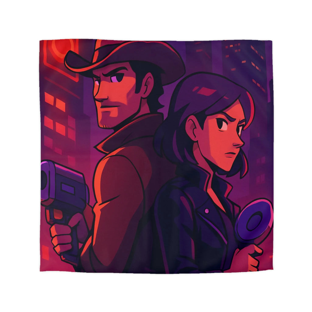 Housse de couette aventure urbaine avec duo de détectives dans néons lumineux