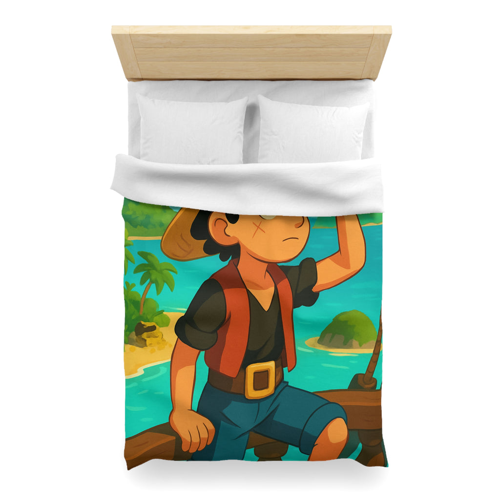 Housse de couette tropicale enfant avec pirate aventurier sur fond d'île paradisiaque