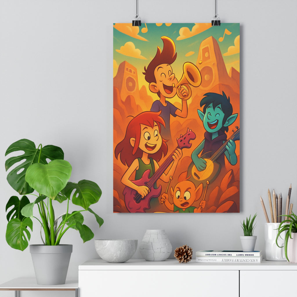 Poster décoratif cartoon coloré terreux doré joyeux chambre enfant personnage musique trompette guitare banjo