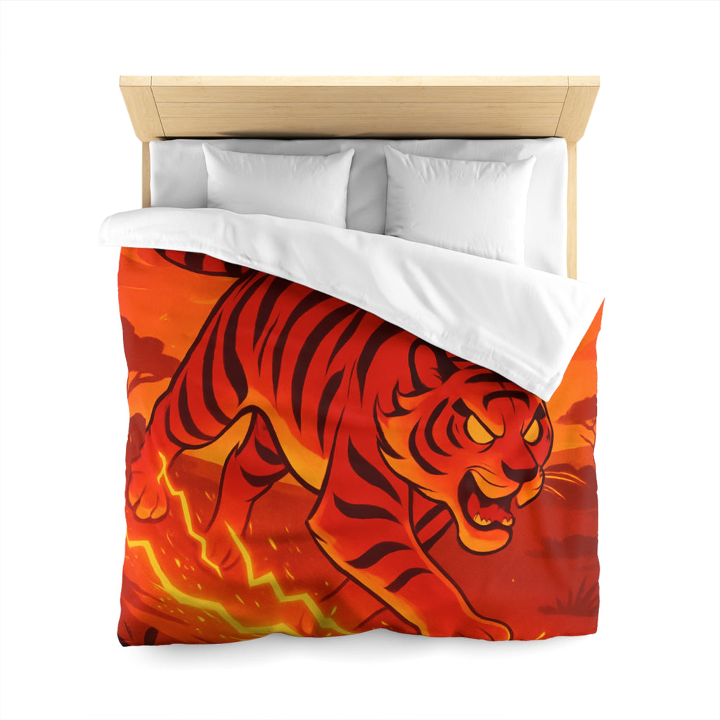 Housse de couette tigre dynamique avec coucher de soleil flamboyant en arrière-plan vibrant