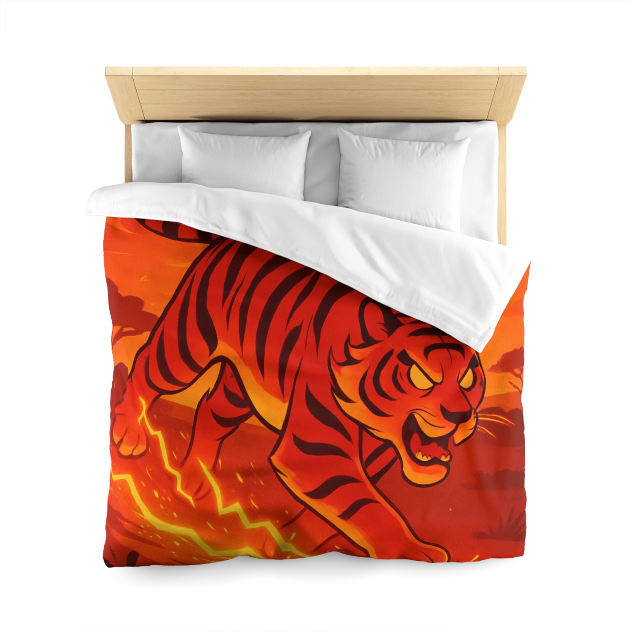 Housse de couette tigre dynamique avec coucher de soleil flamboyant en arrière-plan vibrant