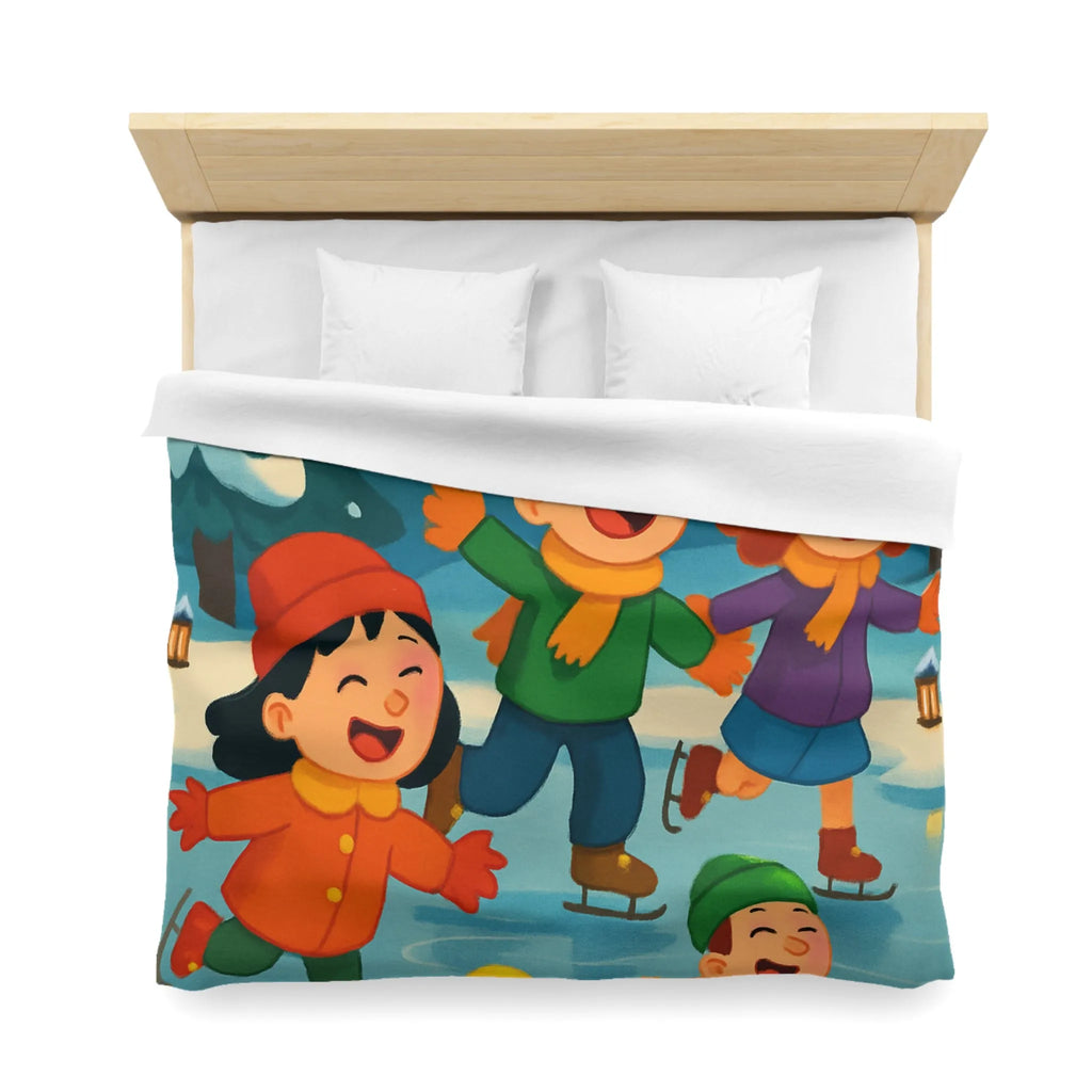 Housse de couette hiver joyeuse avec enfants et petits canards patinant sur glace