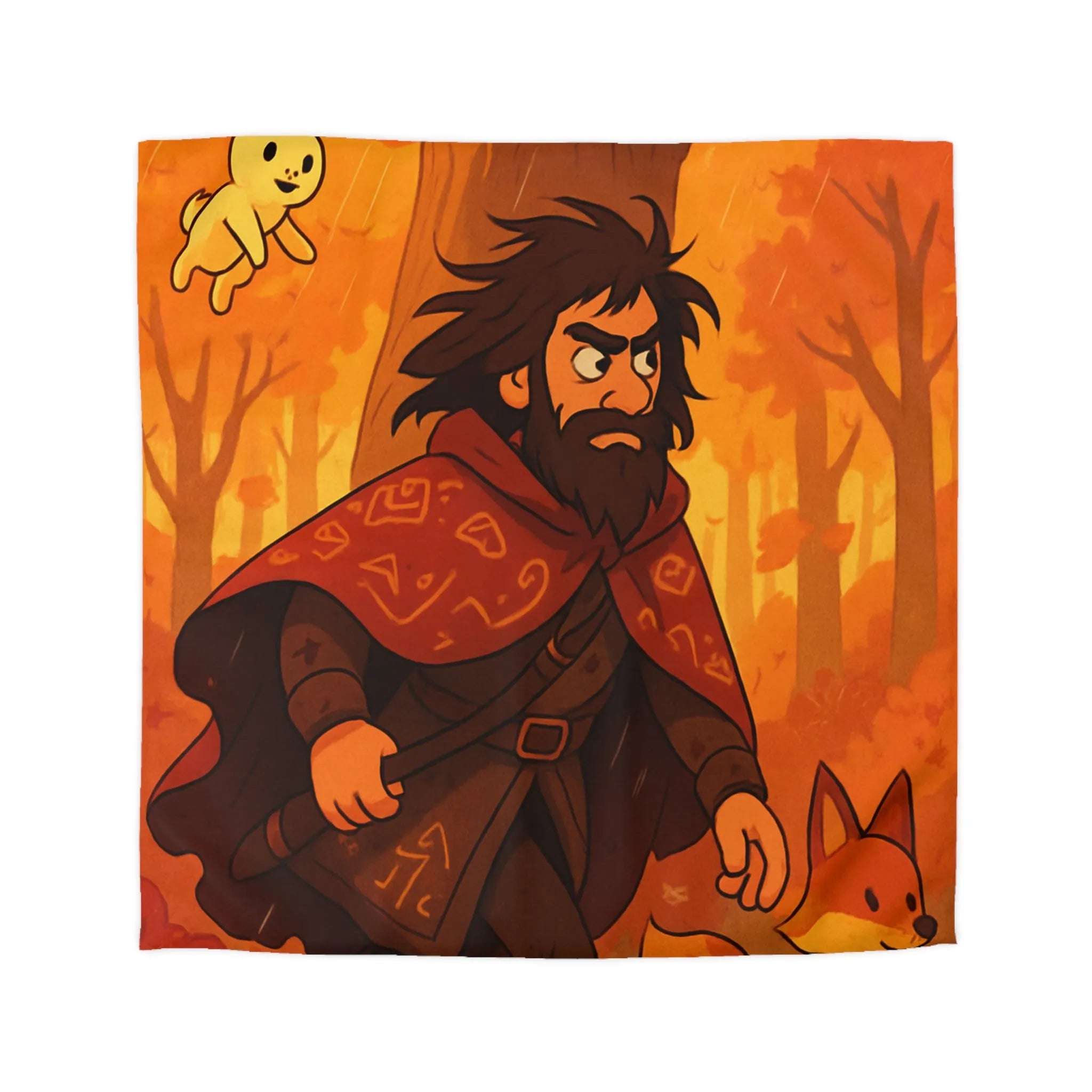 Housse de Couette Artistique avec Forêt Mystique d'Automne, Homme Barbu et Animaux Joyeux