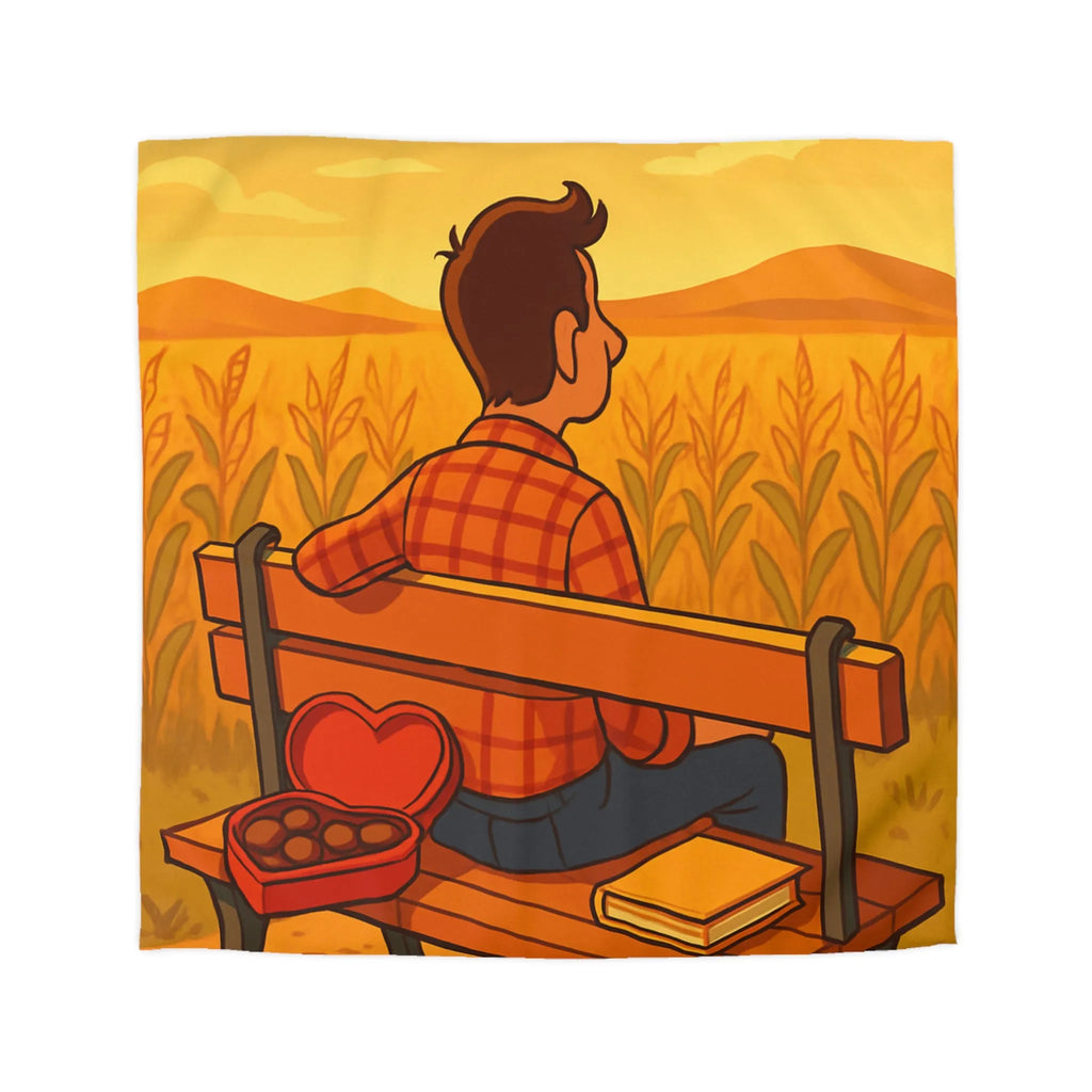 Housse de couette champêtre avec banc en campagne et boîte de chocolats