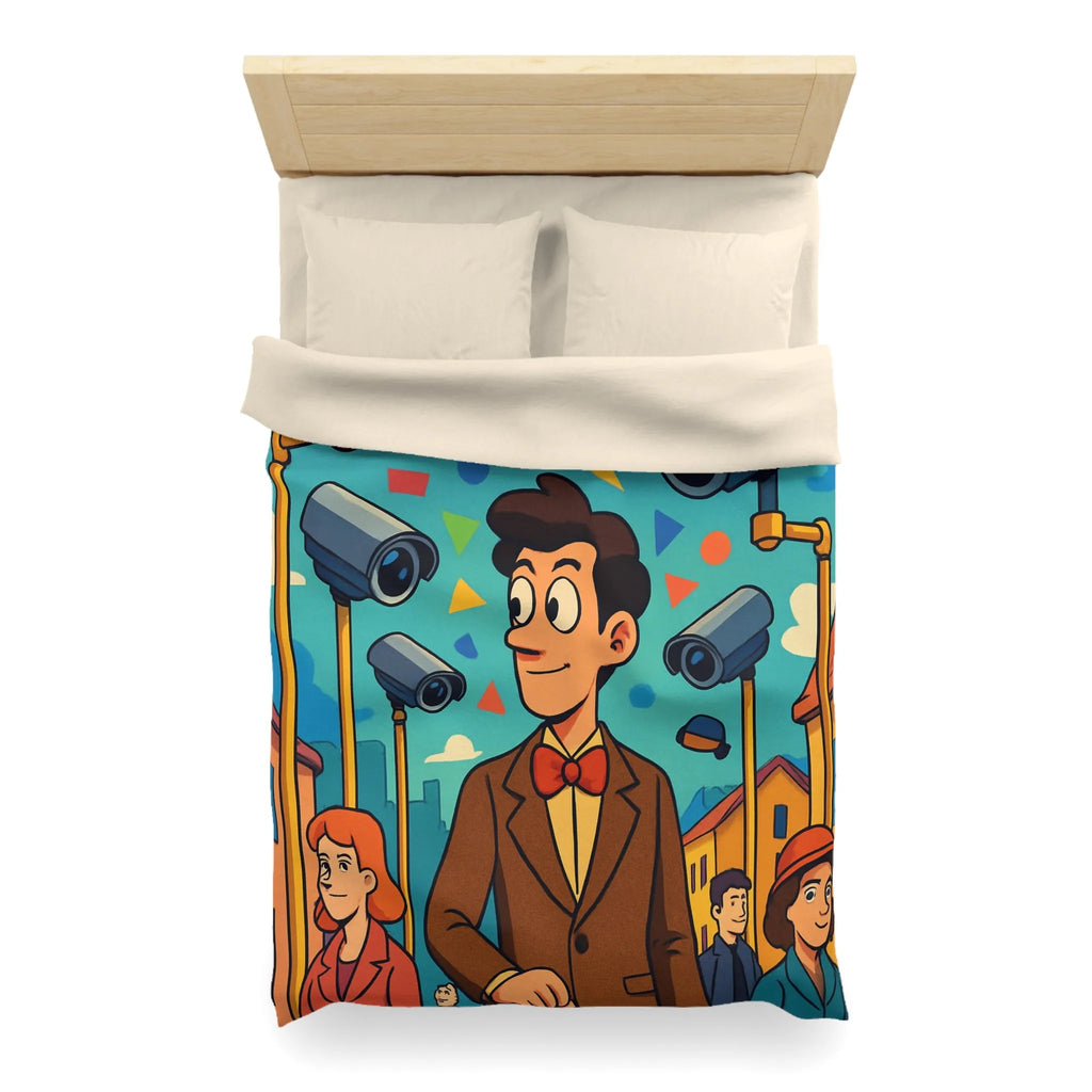 Housse de couette colorée avec motifs géométriques et personnages sous caméras de surveillance