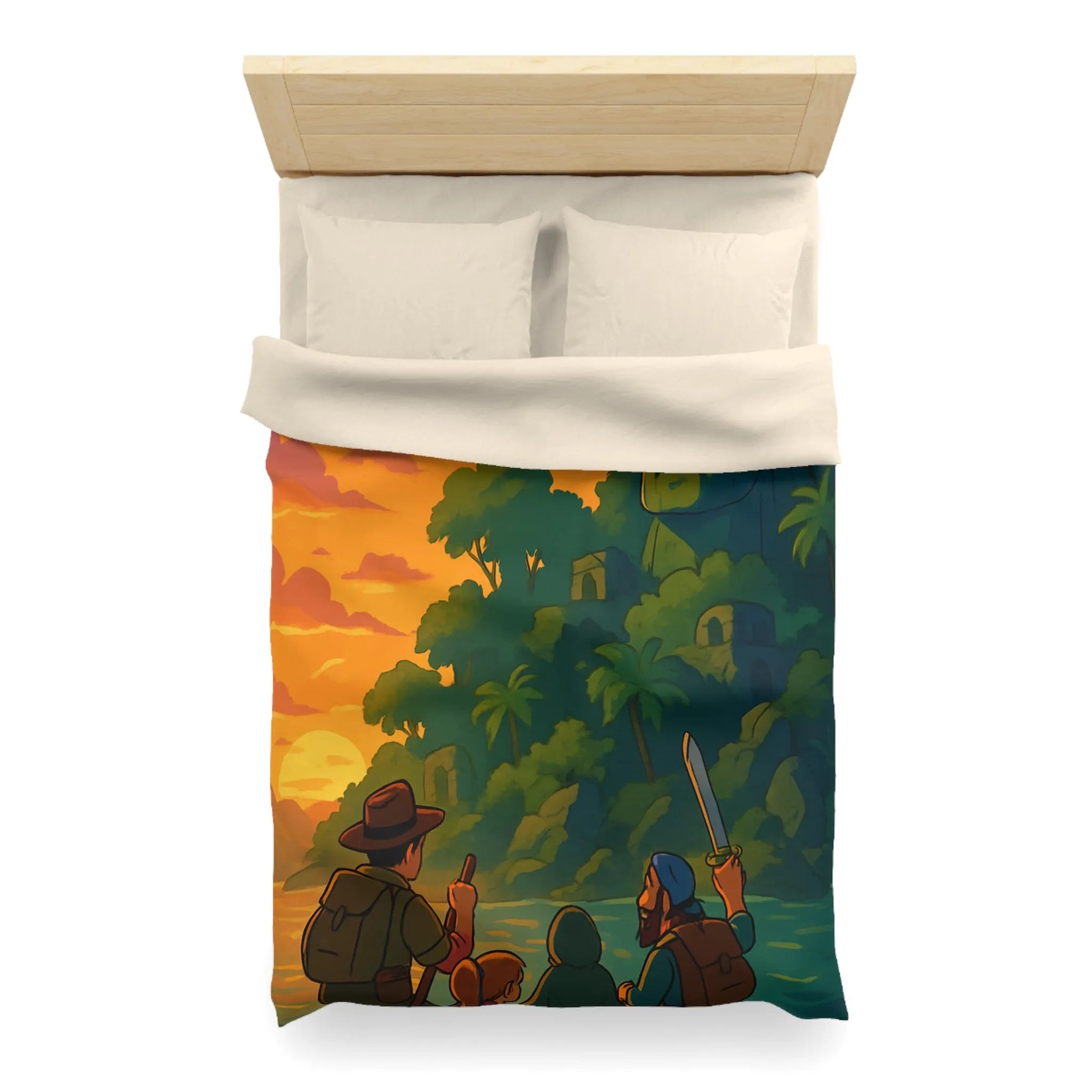 Housse de couette aventureuse avec scène tropicale au coucher du soleil et ruines mystérieuses
