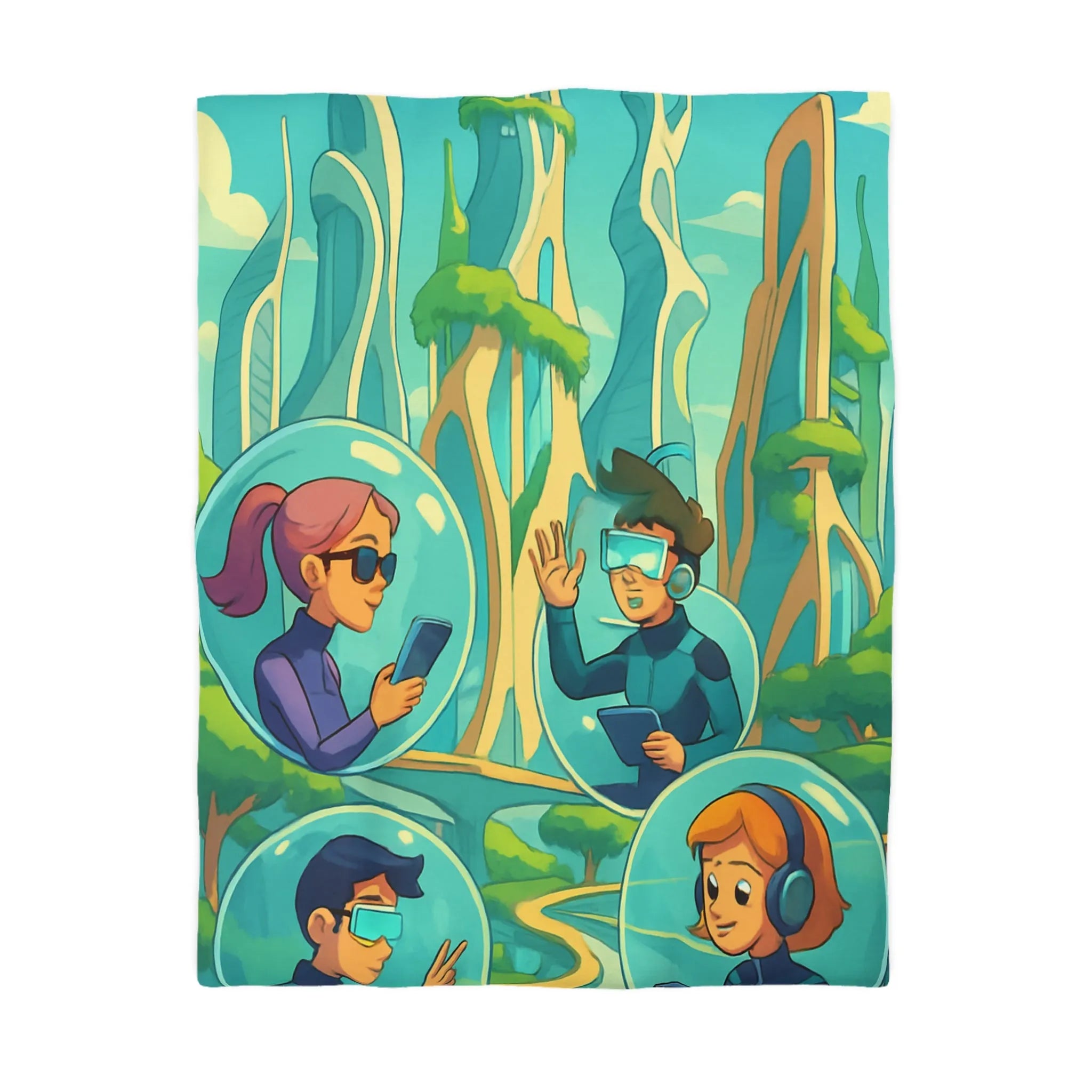 Housse de couette futuriste avec paysage urbain et personnages connectés en réalité augmentée