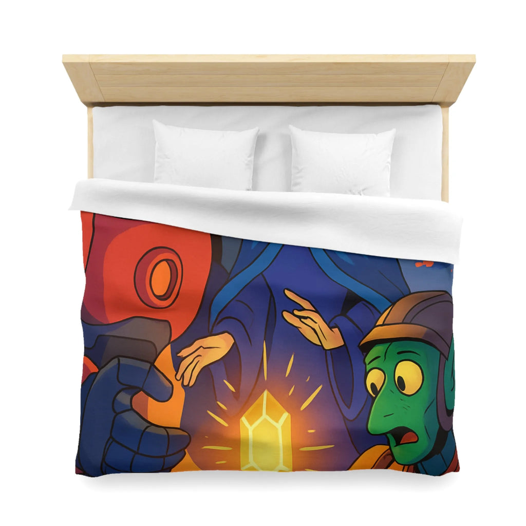 Housse de couette colorée avec illustration futuriste d'artefact mystérieux et personnages intrigants
