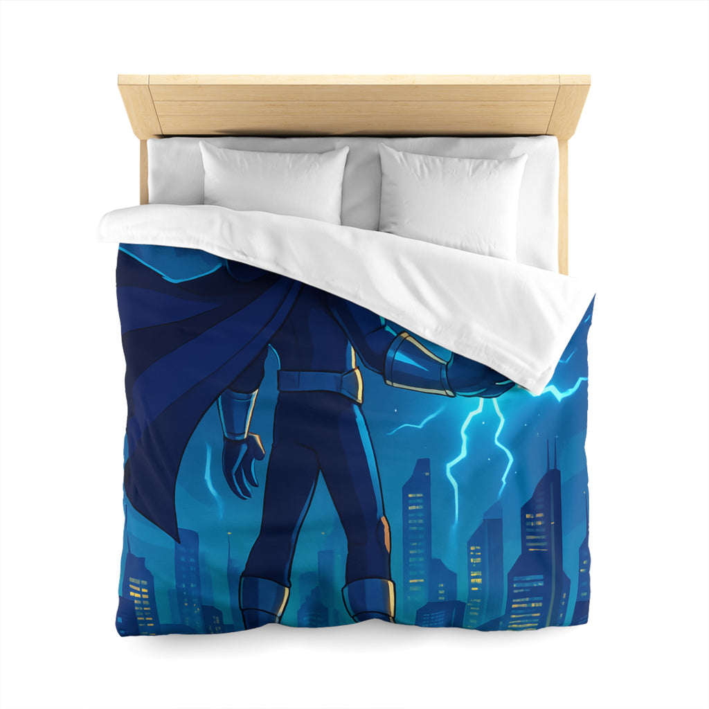 Housse de couette super-héros nocturne avec pouvoirs électriques et drones futuristes urbains