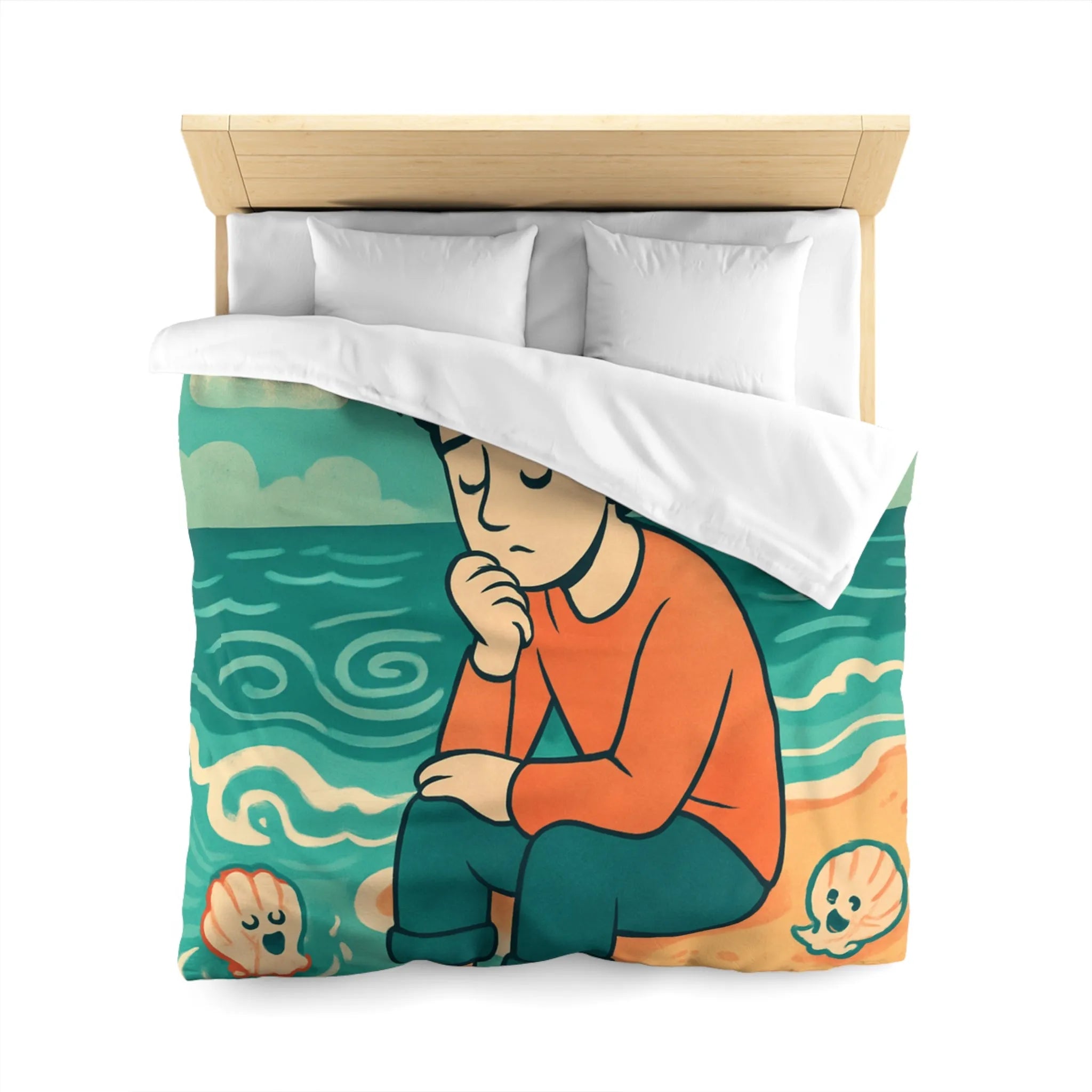 Housse de couette avec illustration rêveuse garçon pensif et coquillages joyeux sur plage