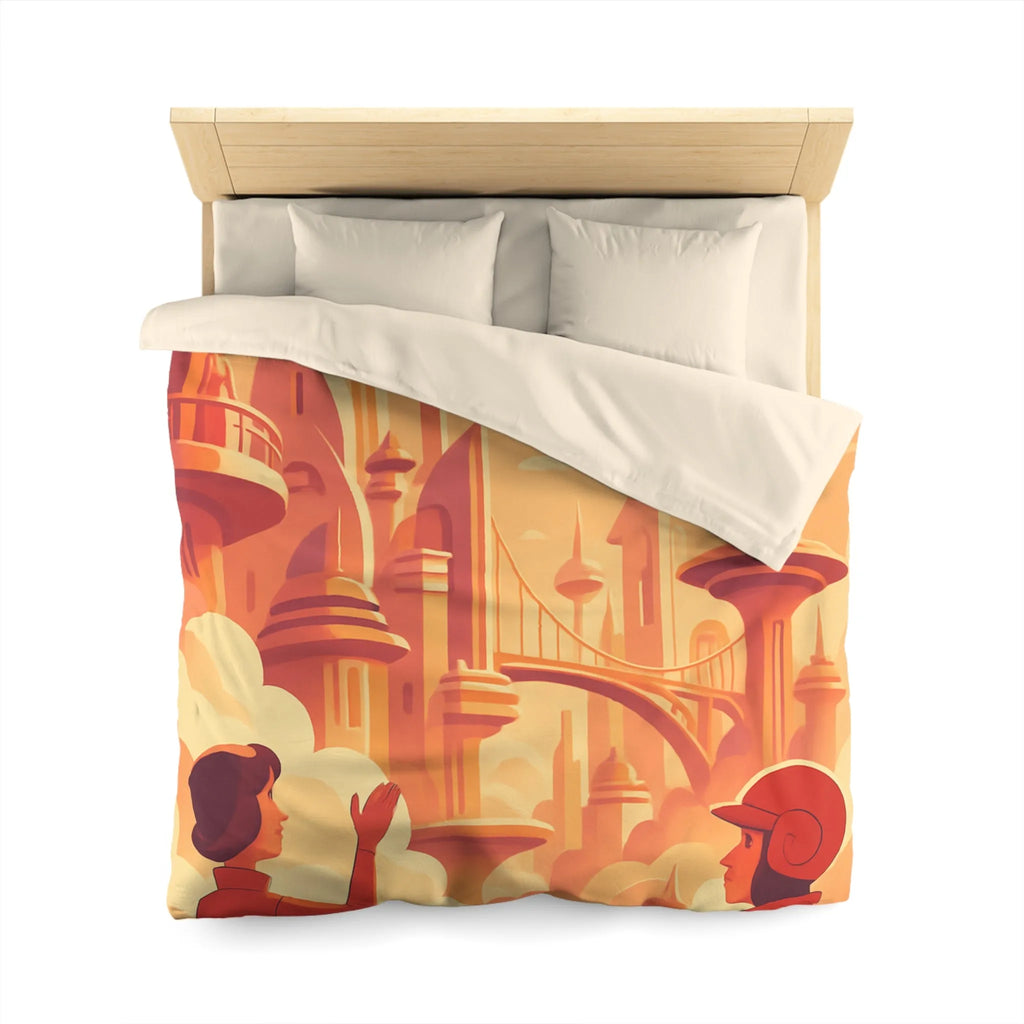 Housse de Couette Art Déco Futuriste avec Avion dans Ciel Orange et Ville Flottante