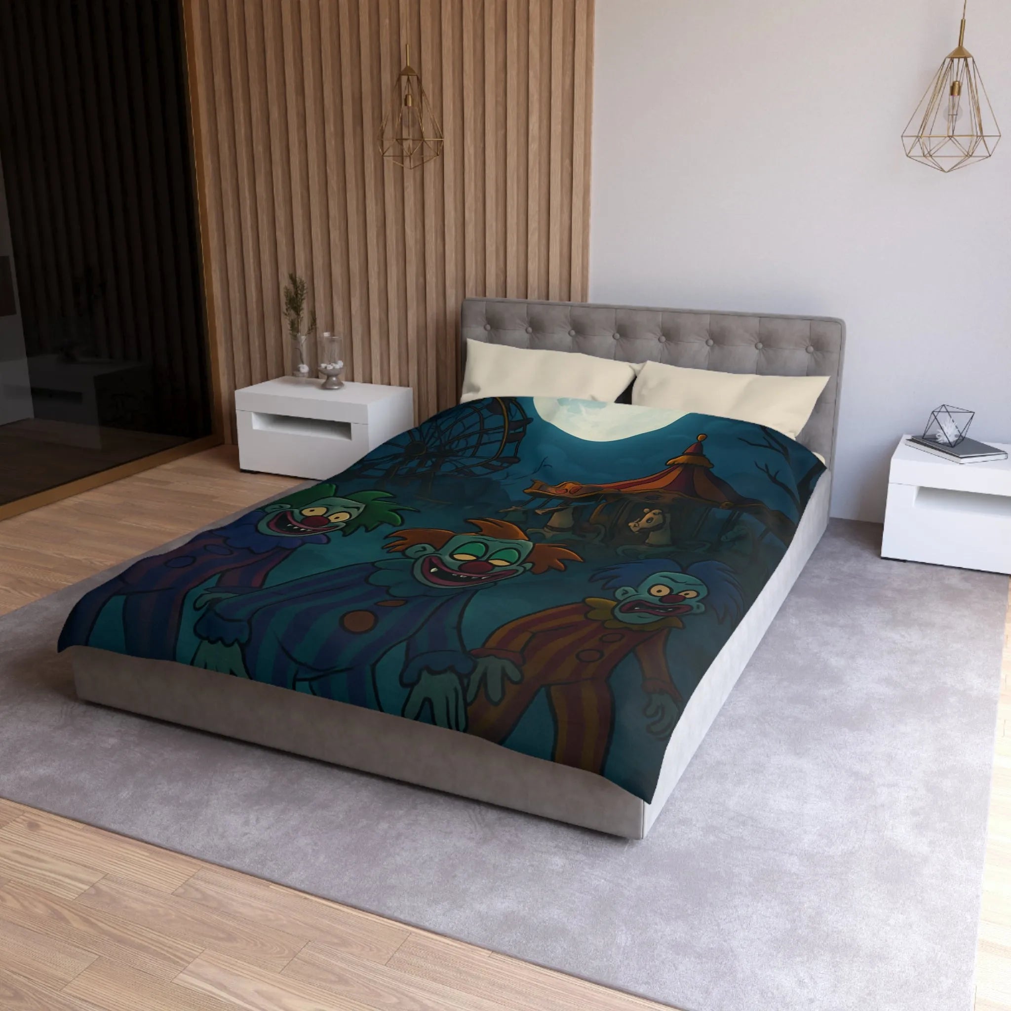 Housse de couette effrayante avec clowns sinistres et pleine lune, ambiance terrifiante