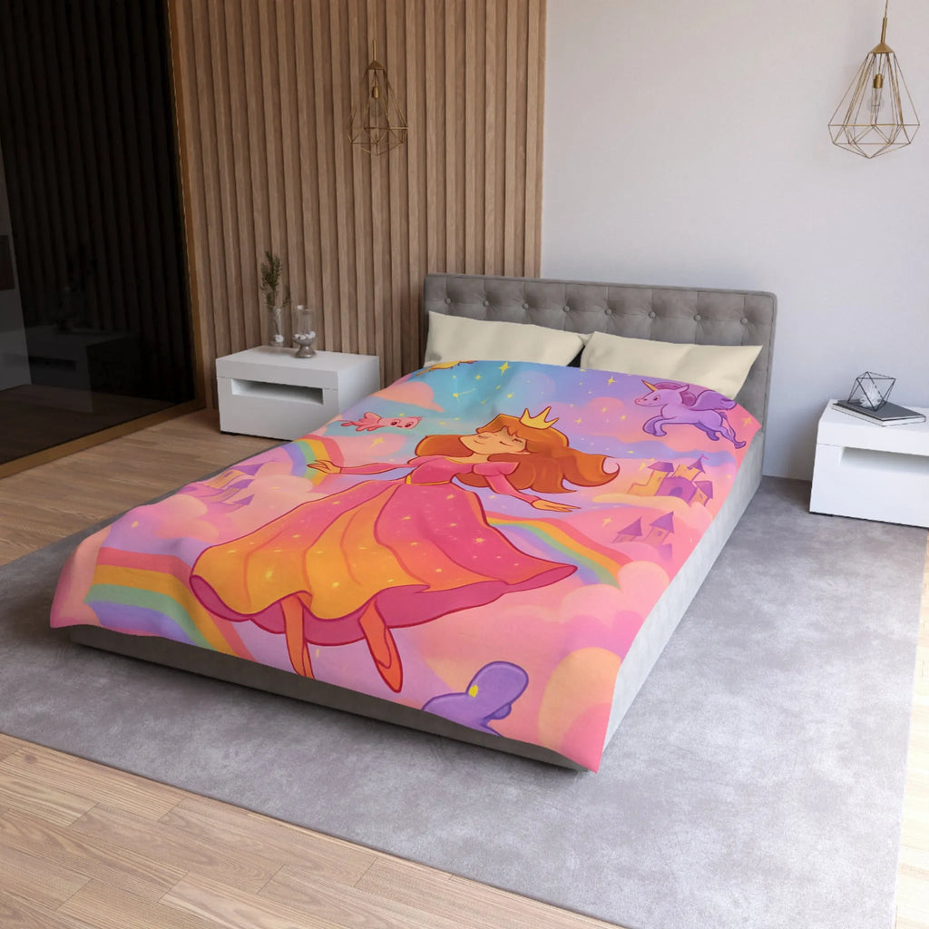 Housse de couette féerique avec princesse et animaux volants, arc-en-ciel pastel doux